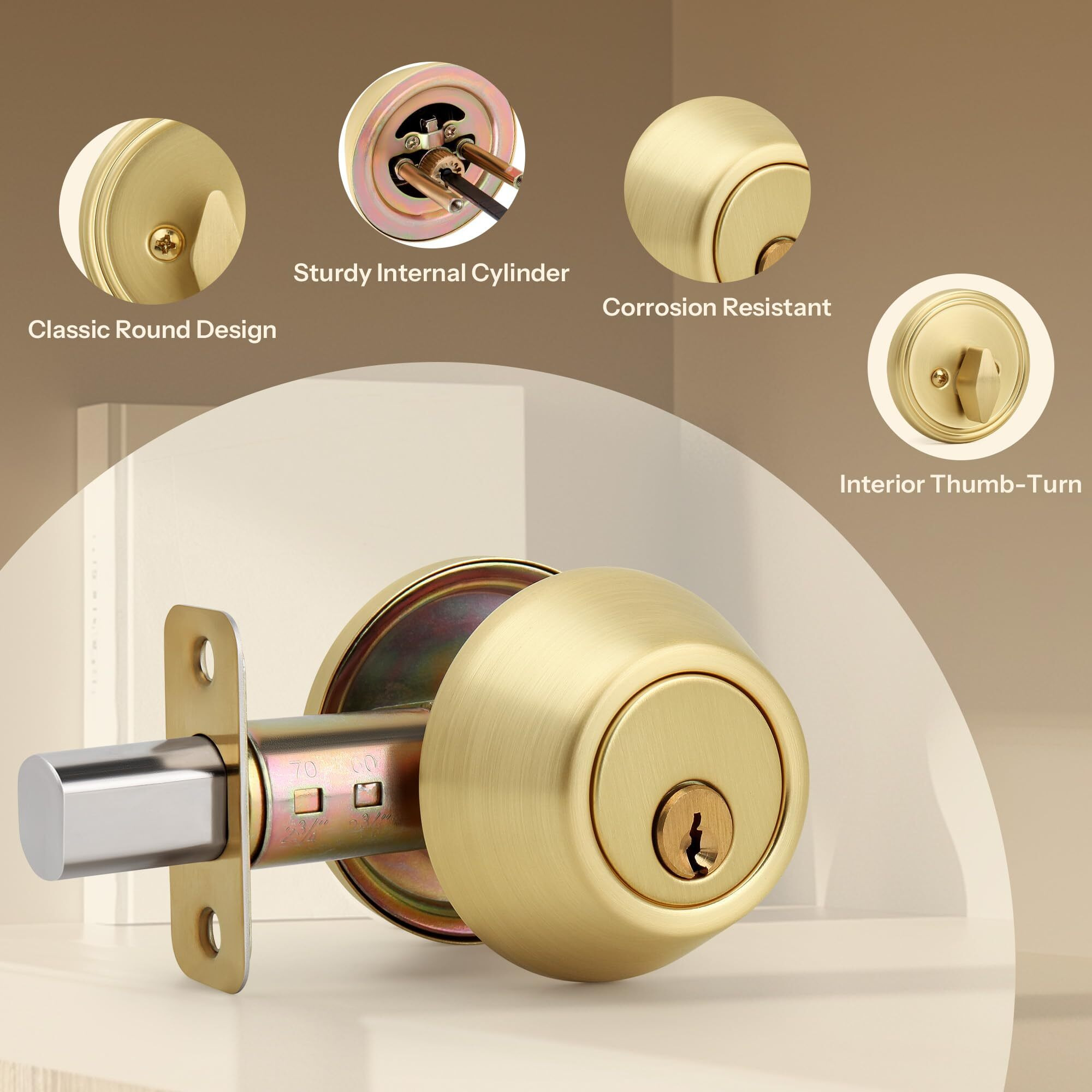Loqron Round Design Single Cylinder Deadbolt With Keys  Exterior Keyed Dead Bolt Lock For Front Entrance Door Security  Satin Brass