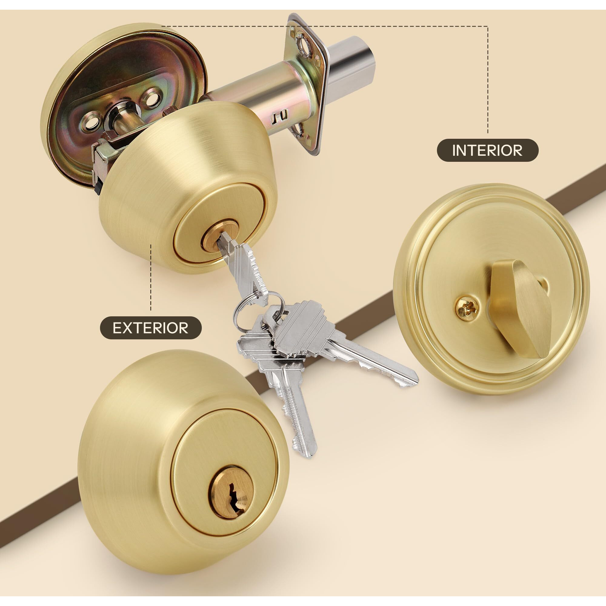 Loqron Round Design Single Cylinder Deadbolt With Keys  Exterior Keyed Dead Bolt Lock For Front Entrance Door Security  Satin Brass