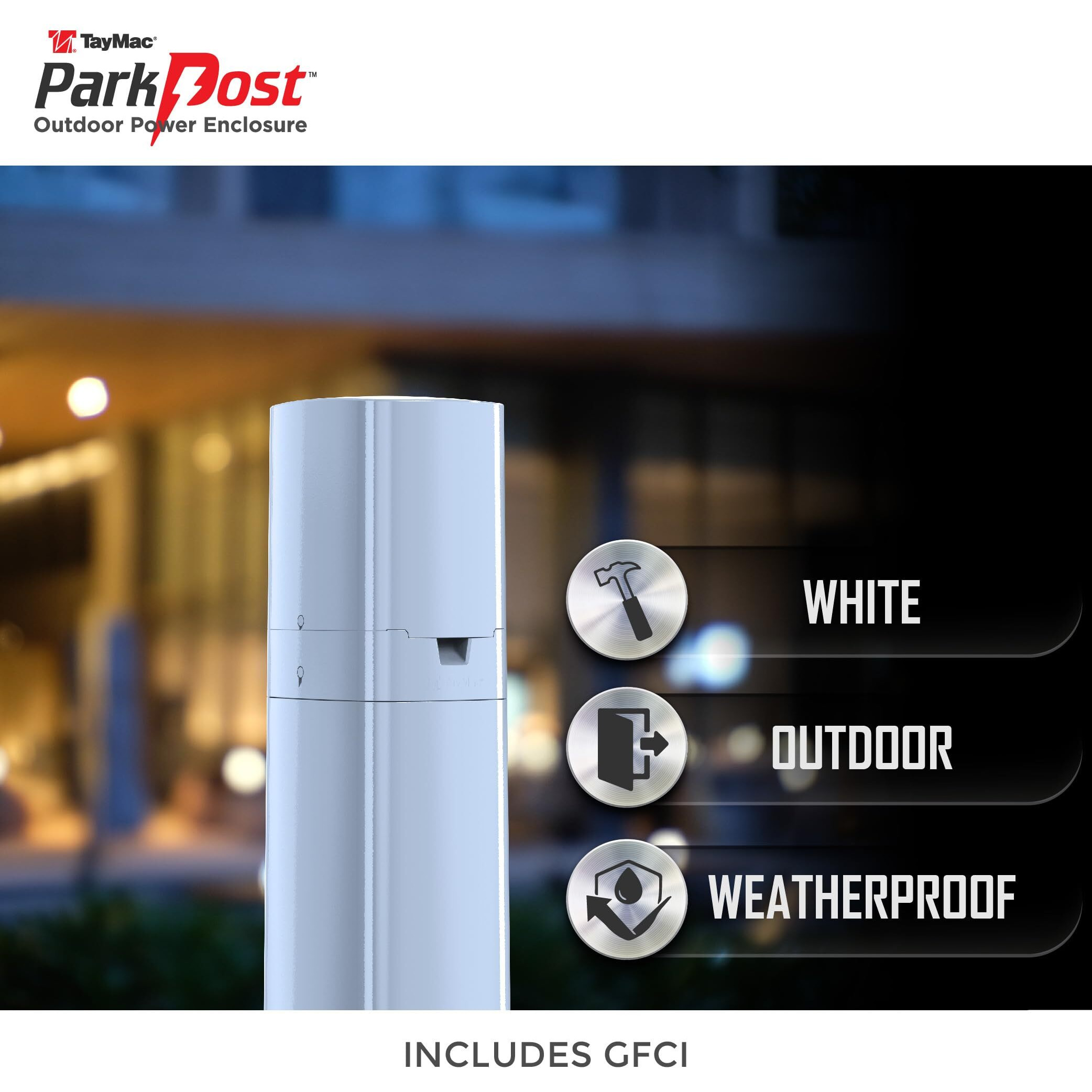 Taymac Parkpost Outdoor 1-Gang White Weatherproof In-Use Power Post Enclosure With Wrtr 15A Gfci Receptacle Pp55Gw  Outdoor Power Stake  Weatherproof Outdoor Outlet Cover With Gfci Included