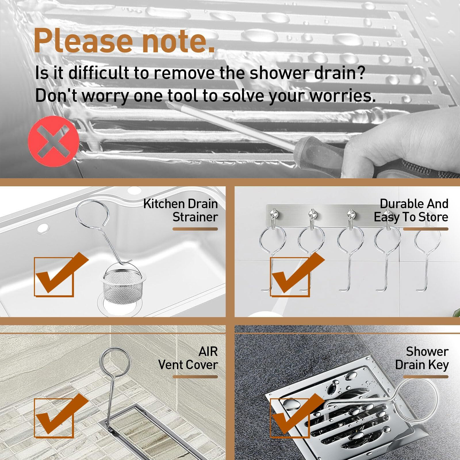 Drain Key Lifting Hooks - 5 Pack 304 Stainless Steel Drain Grate Puller Lift Out Key For Easy Shower Drain Cleaning  Silver