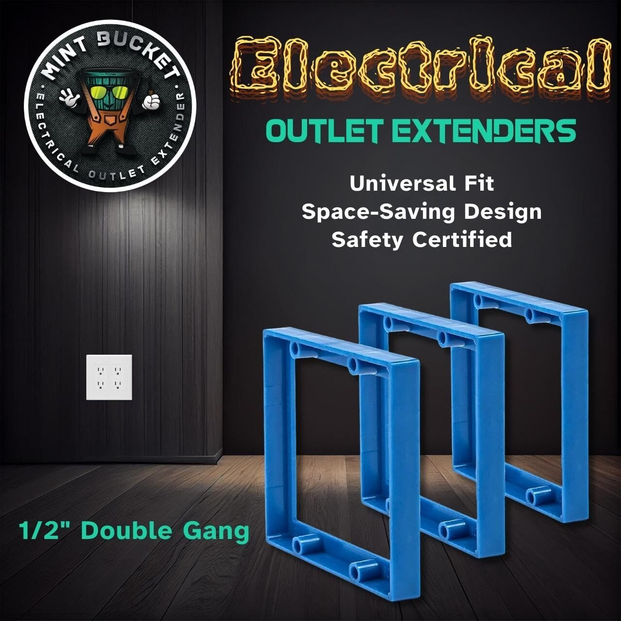 3-Pack 1/2"" Double Gang Receptacle Outlet Box Extender - Ul Listed - Electrical Outlet Extender For Electrical Box And Electrical Outlet Switches - Made In U.S.A. (Blue)