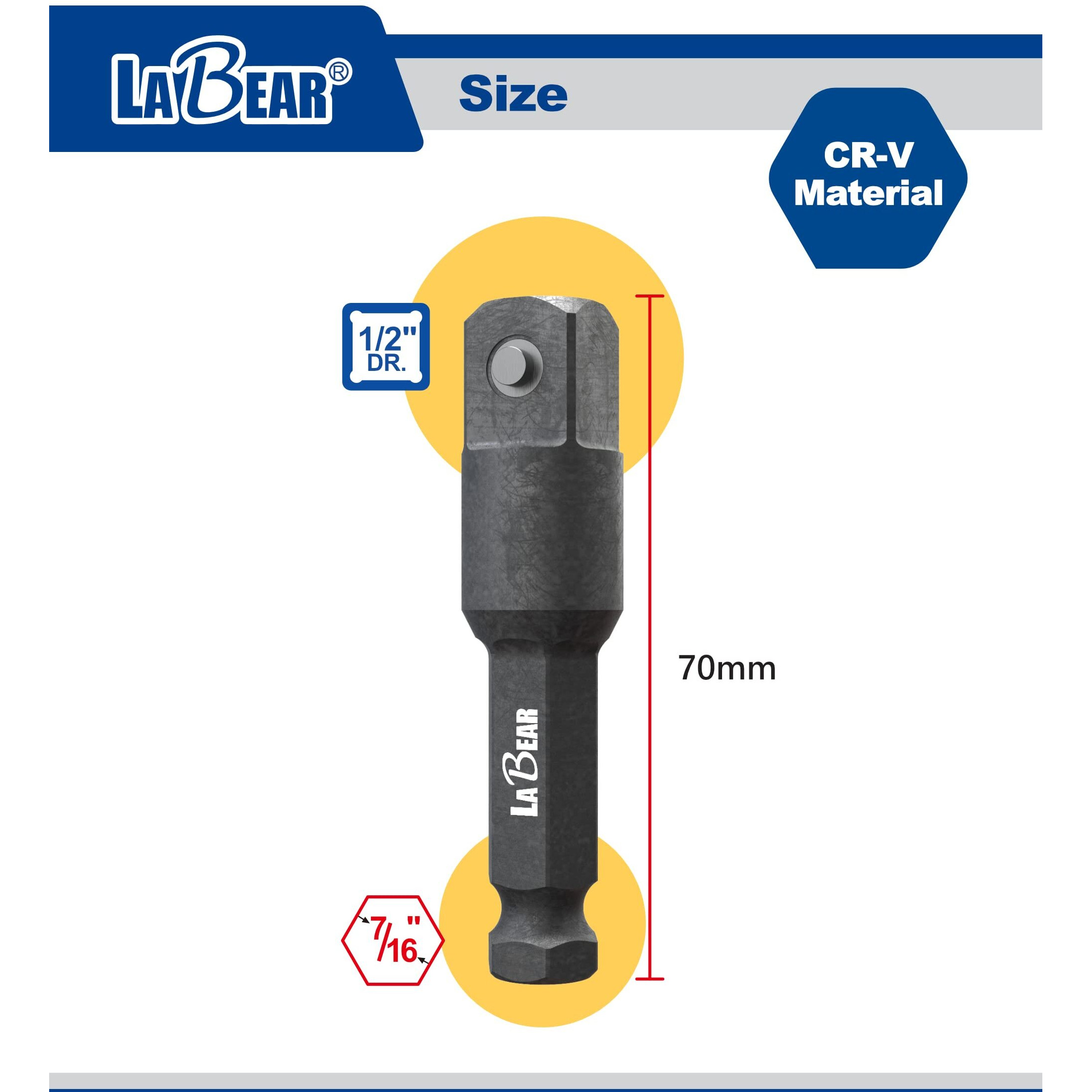 Labear- 7/16 Hex To 1/2 Impact Adapter  7/16 Impact Driver  7/16 To 1/2 Impact Adapter  1/2"" Square Ext  7/16"" Hex  1/2-Inch Male Square  Works With A 7/16-Inch Impact Driver