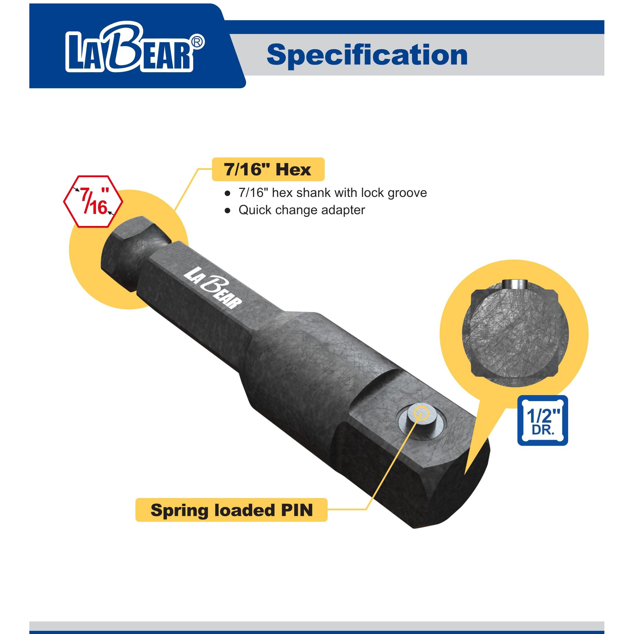 Labear- 7/16 Hex To 1/2 Impact Adapter  7/16 Impact Driver  7/16 To 1/2 Impact Adapter  1/2"" Square Ext  7/16"" Hex  1/2-Inch Male Square  Works With A 7/16-Inch Impact Driver
