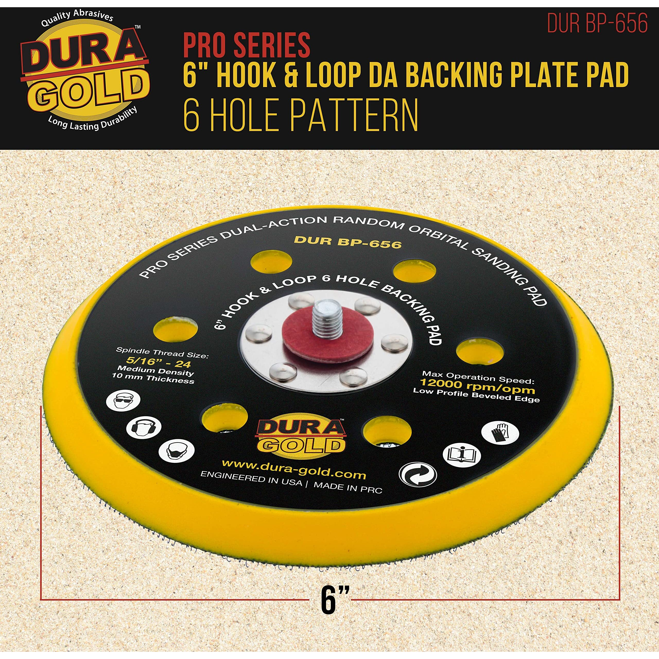 Dura-Gold Pro Series 6"" Hook & Loop Da Backing Plate Pad  6 Hole Pattern Dustless - Low Profile Edge  Medium Density  Dual-Action Random Orbital Sanding Pad  Sander Polisher Auto Woodworking Sandpaper