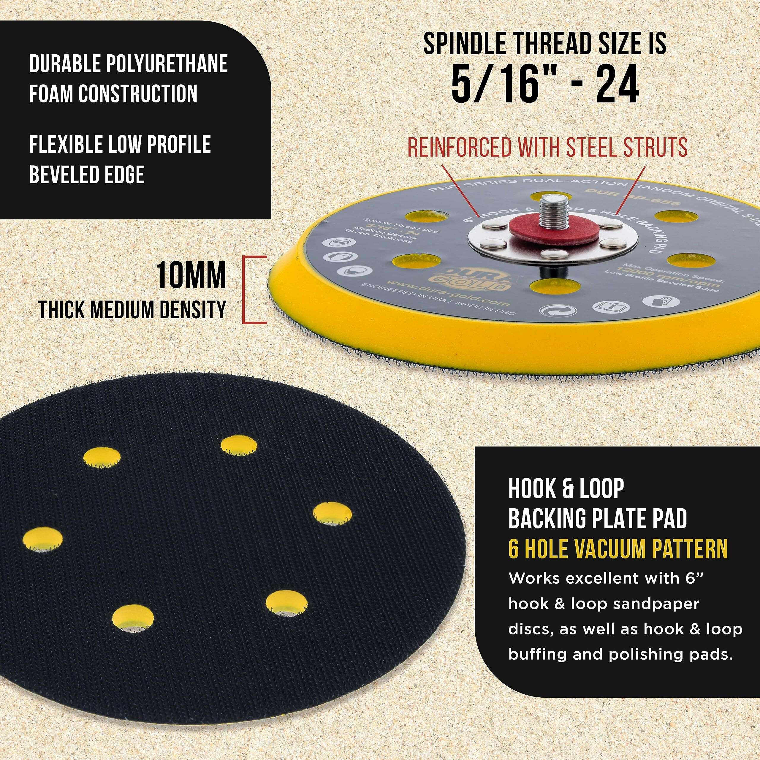 Dura-Gold Pro Series 6"" Hook & Loop Da Backing Plate Pad  6 Hole Pattern Dustless - Low Profile Edge  Medium Density  Dual-Action Random Orbital Sanding Pad  Sander Polisher Auto Woodworking Sandpaper