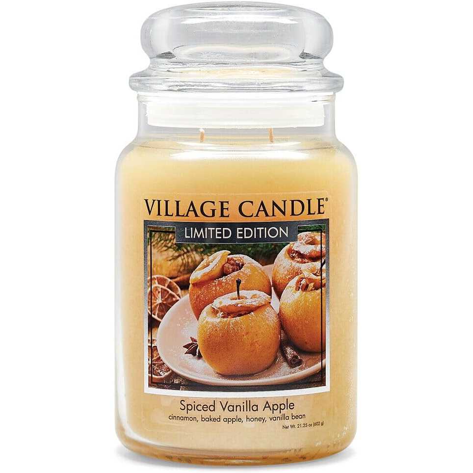 Village Candle Spiced Vanilla Apple  Large Glass Apothecary Jar Scented Candle  21.25 Oz  Ivory