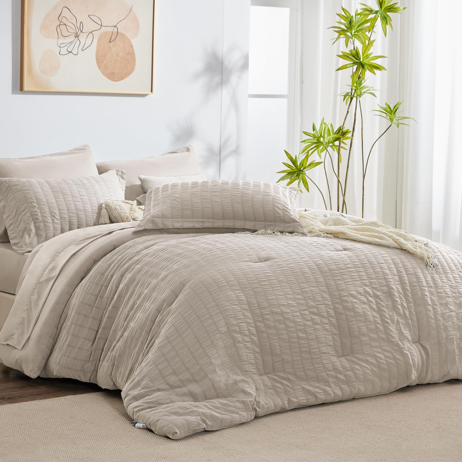 Cozylux Queen Seersucker Comforter Set With Sheets Beige Bed In A Bag 7-Pieces All Season Bedding Sets With Comforter  Pillow Sham  Flat Sheet  Fitted Sheet  Pillowcase