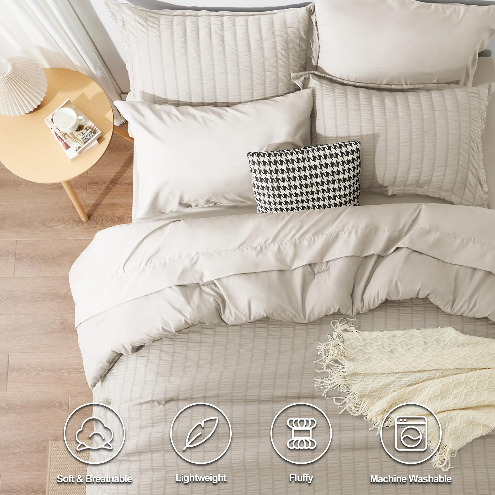 Cozylux Queen Seersucker Comforter Set With Sheets Beige Bed In A Bag 7-Pieces All Season Bedding Sets With Comforter  Pillow Sham  Flat Sheet  Fitted Sheet  Pillowcase