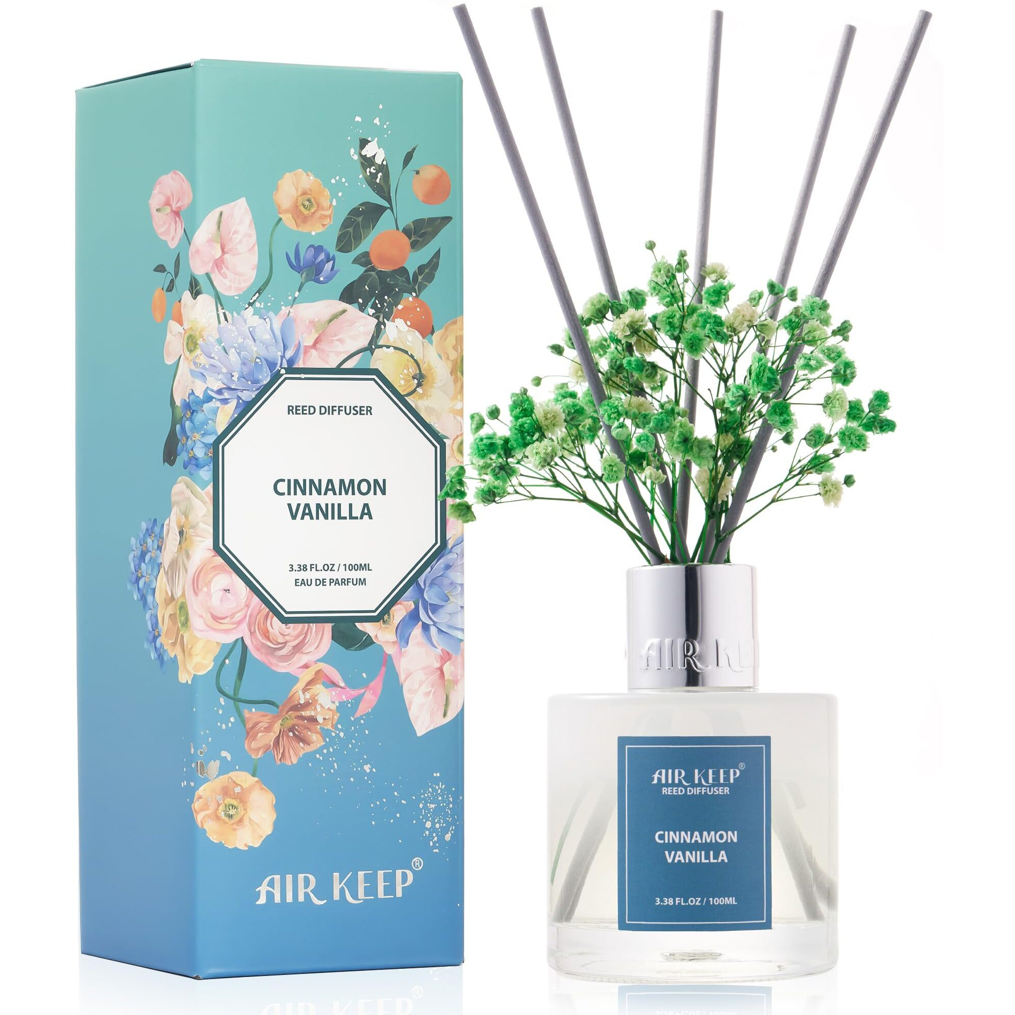 Airkeep Reed Diffuser Set 3.38 Fl Oz (100 Ml) - Cinnamon Vanilla Oil Diffusers With 8 Reed Sticks  Home Fragrance Reed Diffuser For Bathroom Shelf Decor