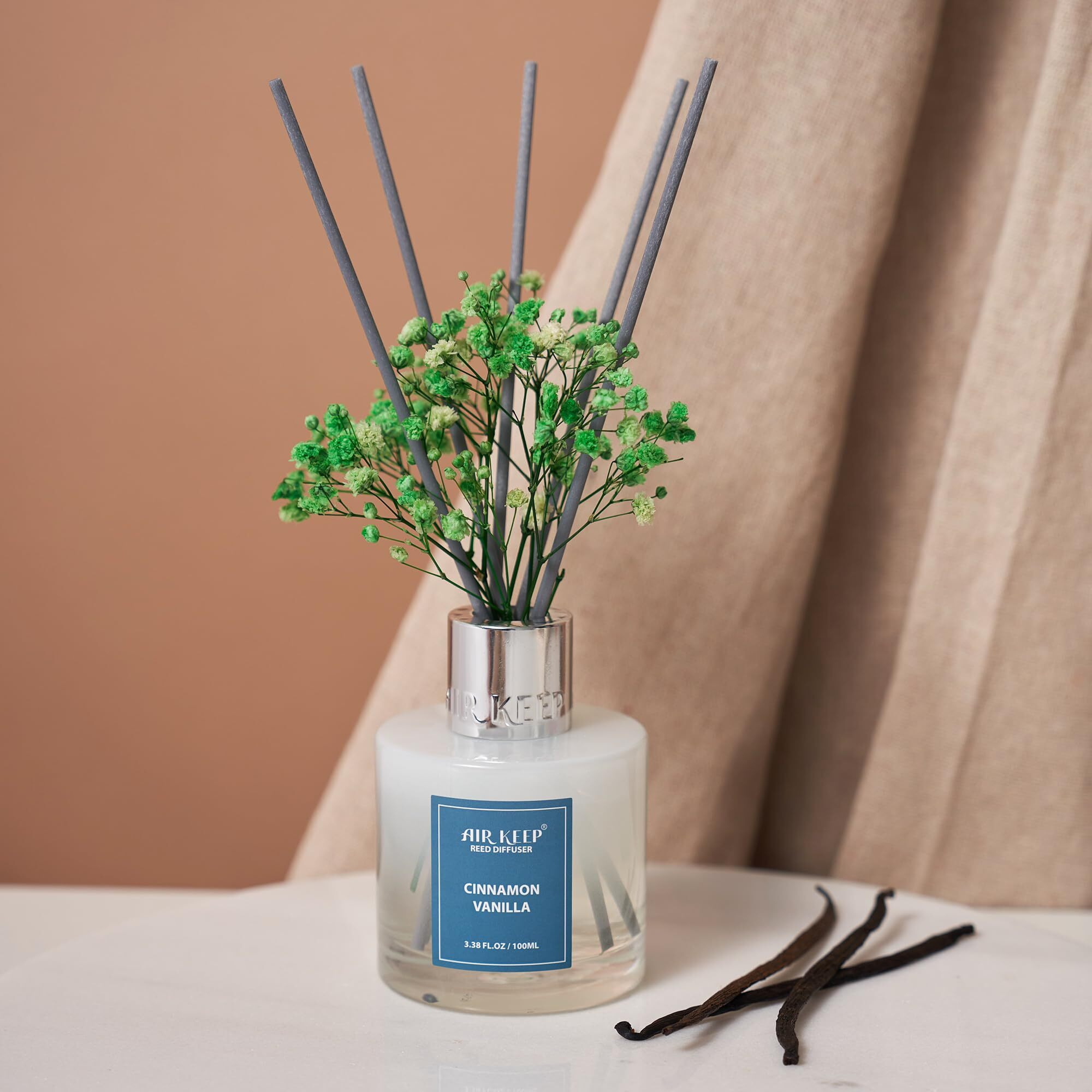 Airkeep Reed Diffuser Set 3.38 Fl Oz (100 Ml) - Cinnamon Vanilla Oil Diffusers With 8 Reed Sticks  Home Fragrance Reed Diffuser For Bathroom Shelf Decor