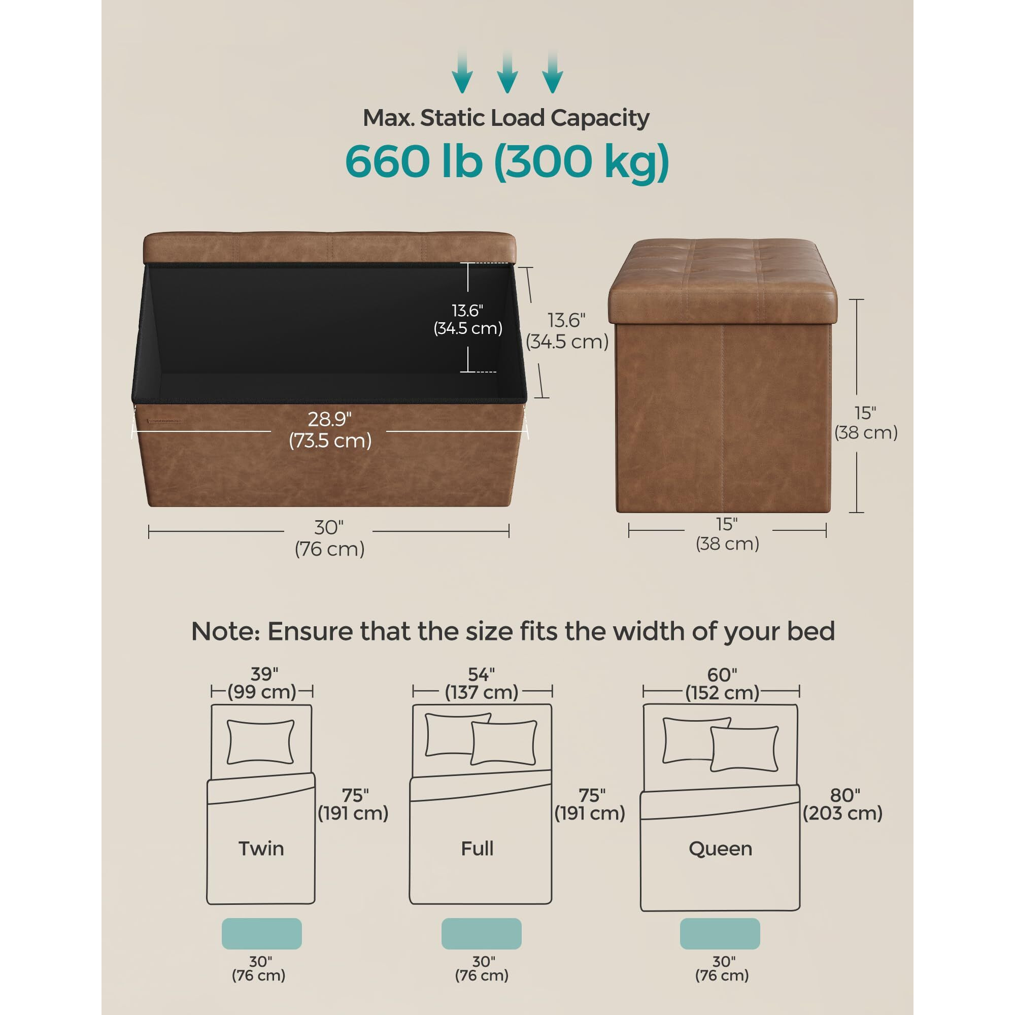 Songmics Storage Ottoman Bench  Foldable Ottoman Foot Rest  15 X 30 X 15 Inches  End Of Bed Bench  Storage Chest  Load Up To 660 Lb  For Living Room  Bedroom  Entryway  Coffee Brown Ulsf040K11