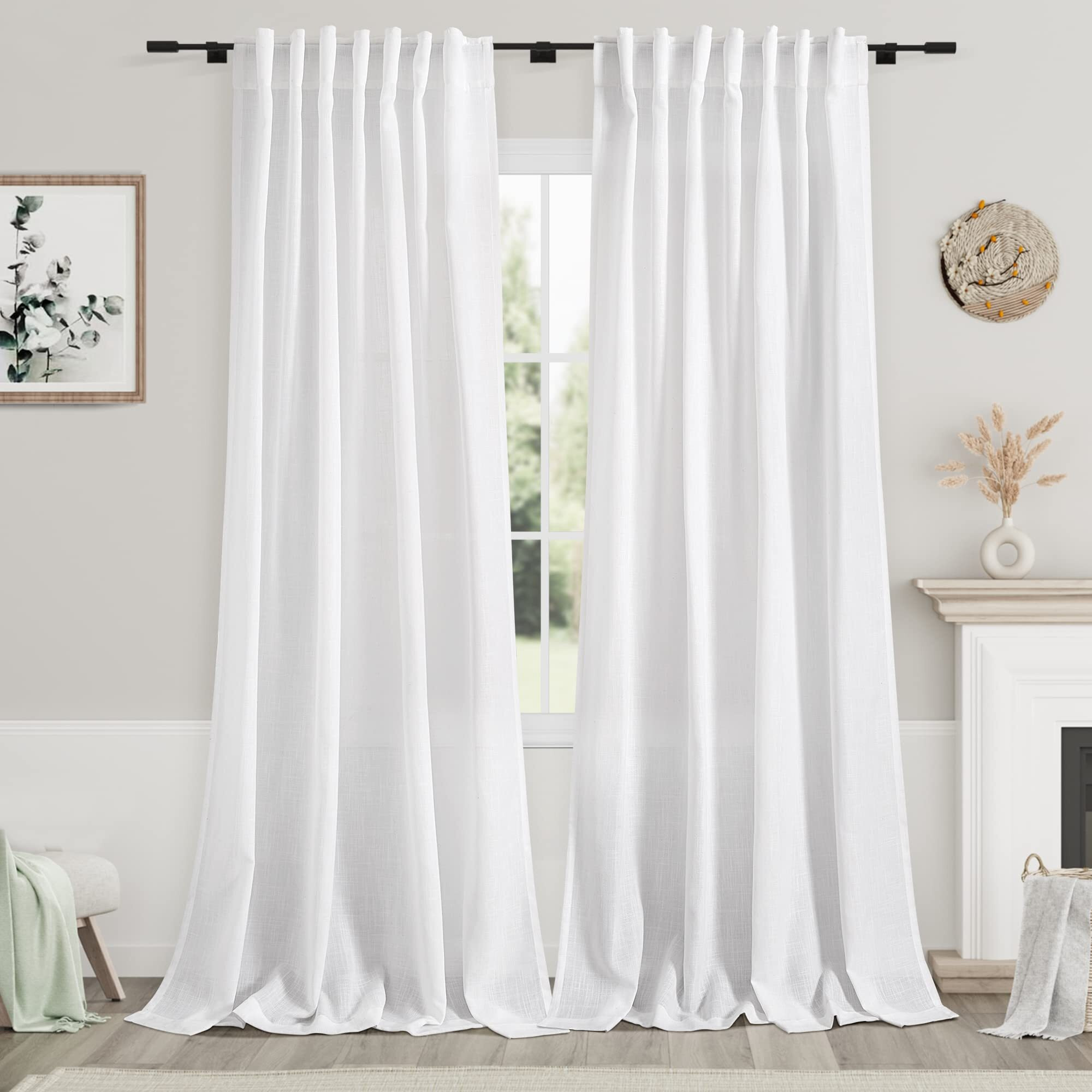 Nanspring Extra Long White Curtain 102 Inches Long 2 Panels Set For Living Room Back Tab Modern Farmhouse Decor Cotton Textured Off White Sheer Linen Curtains 102 Inch Length For Large Window