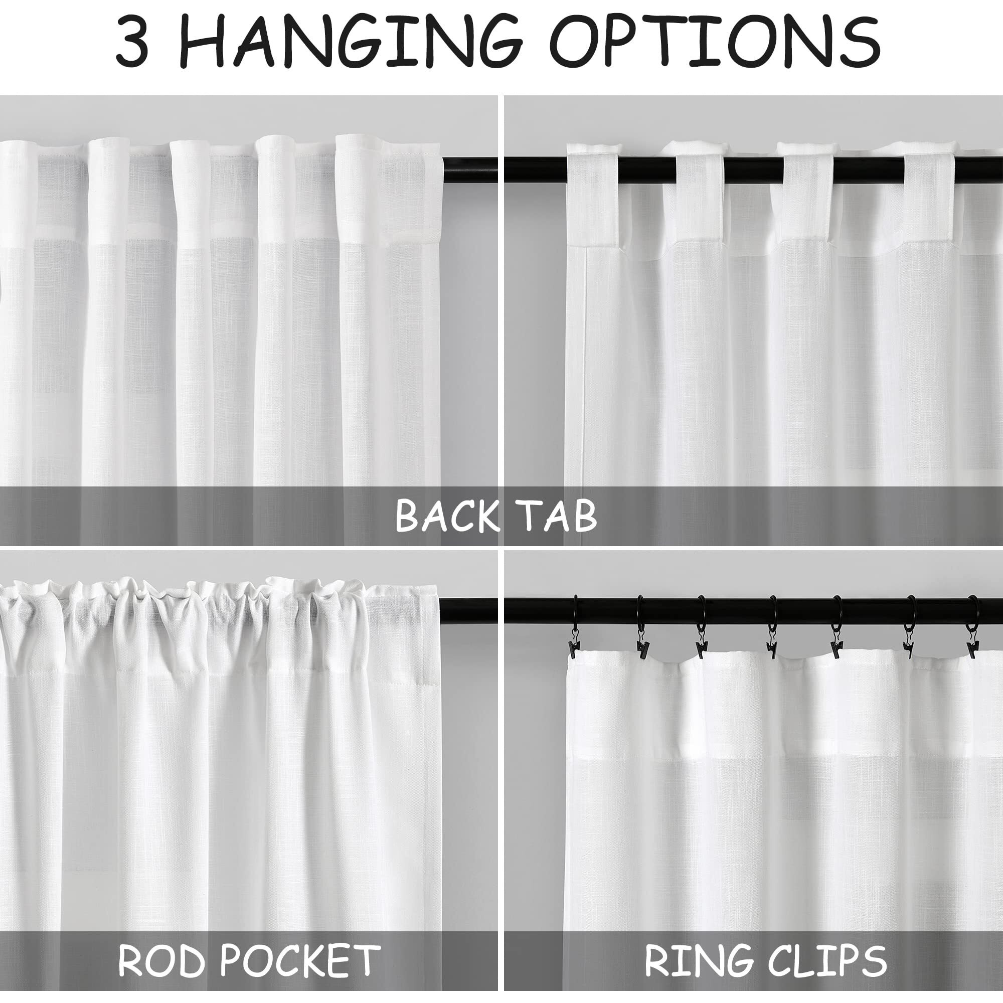 Nanspring Extra Long White Curtain 102 Inches Long 2 Panels Set For Living Room Back Tab Modern Farmhouse Decor Cotton Textured Off White Sheer Linen Curtains 102 Inch Length For Large Window