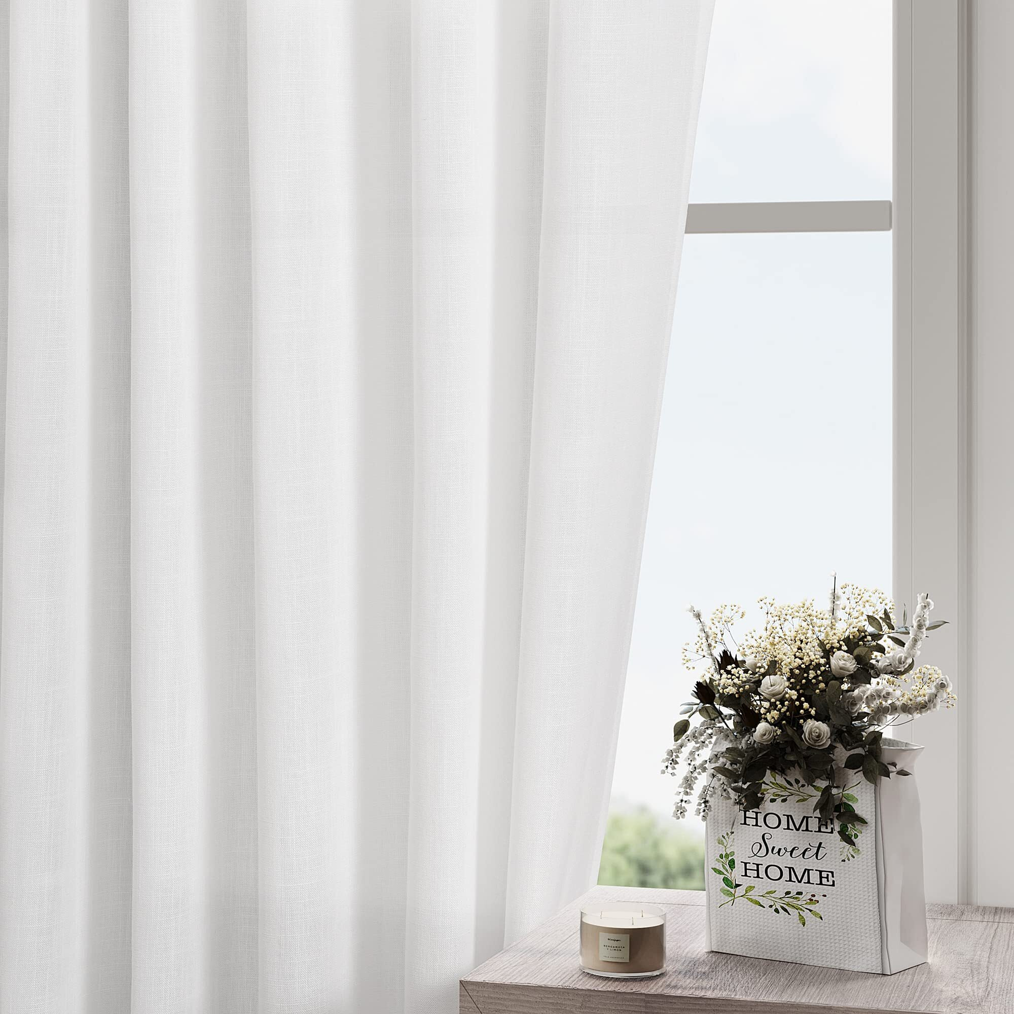 Nanspring Extra Long White Curtain 102 Inches Long 2 Panels Set For Living Room Back Tab Modern Farmhouse Decor Cotton Textured Off White Sheer Linen Curtains 102 Inch Length For Large Window