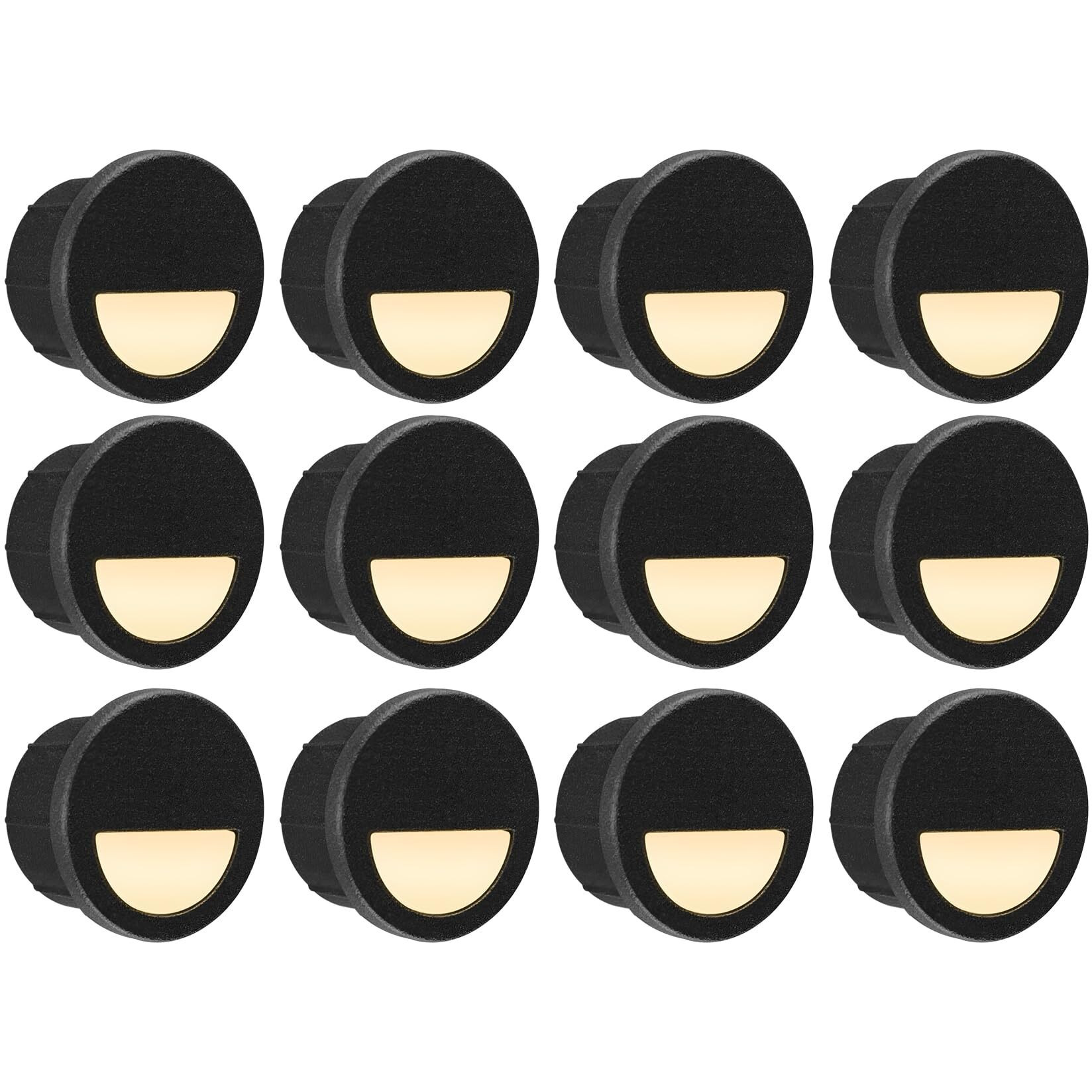 Gkoled 12 Pack Recessed Low Voltage Led Step Riser Light  Diameter 1"" Mini Size Landscape Lighting For Outdoor Deck Stair Railing Post  12V 3000K  Die-Cast Aluminum  Black Powder Coated  Ul-Listed