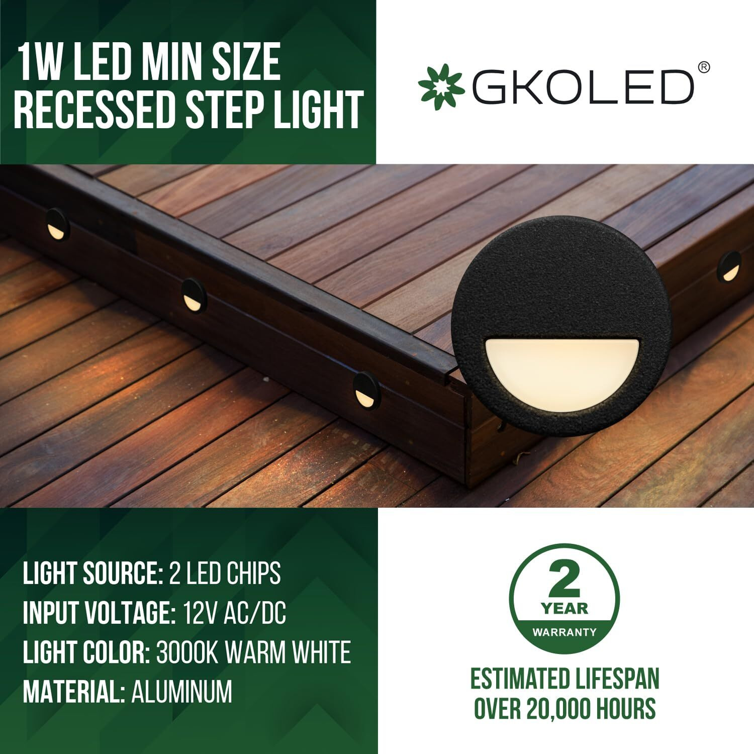 Gkoled 12 Pack Recessed Low Voltage Led Step Riser Light  Diameter 1"" Mini Size Landscape Lighting For Outdoor Deck Stair Railing Post  12V 3000K  Die-Cast Aluminum  Black Powder Coated  Ul-Listed