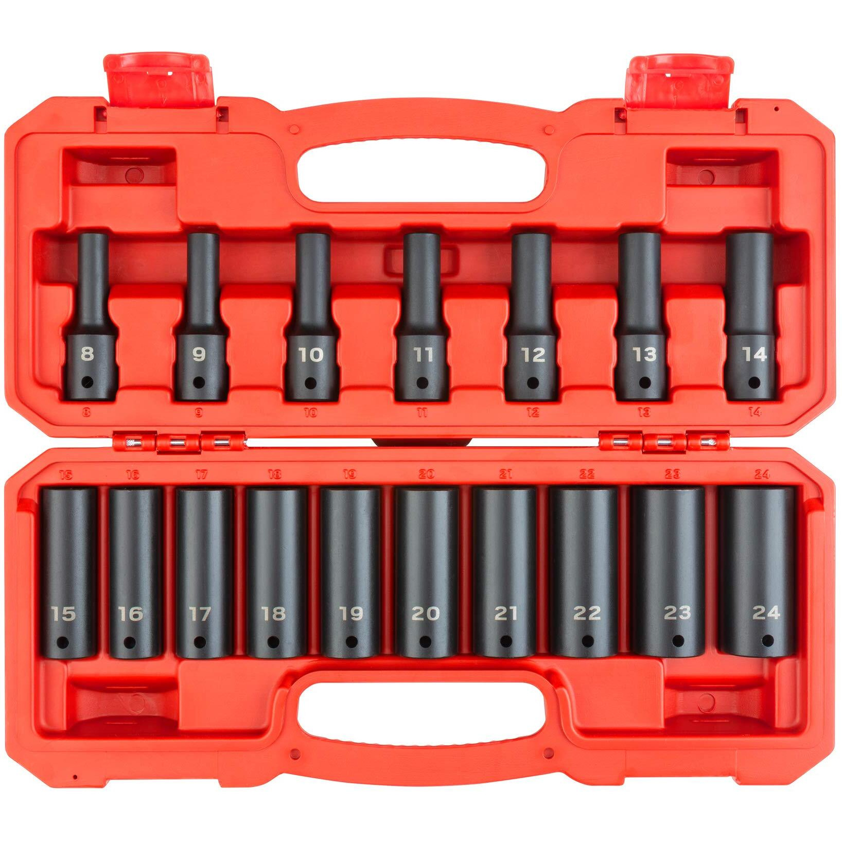 Tekton 1/2 Inch Drive Deep 6-Point Impact Socket Set  17-Piece (8-24 Mm) | Sid92329