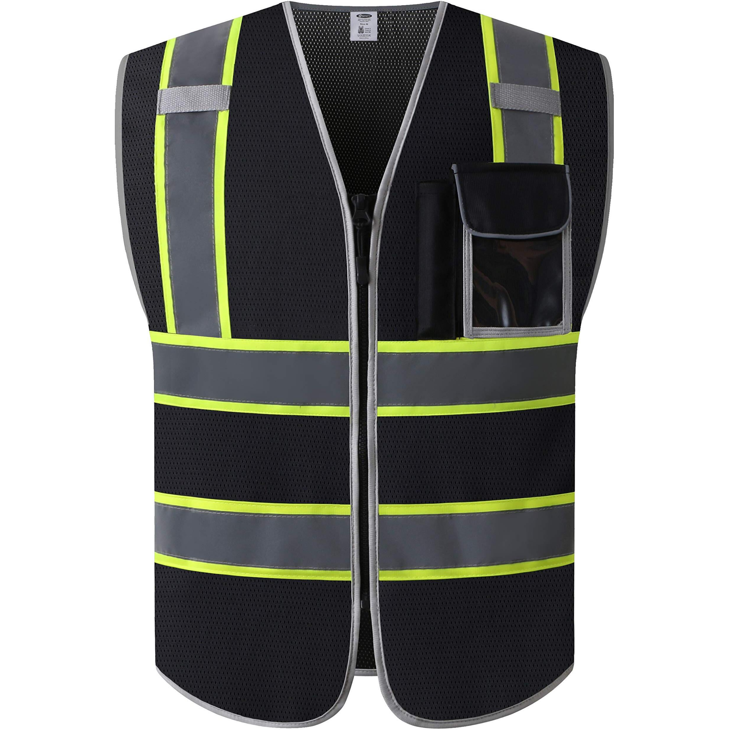 Jksafety 3 Pockets High Visibility Zipper Front Safety Vest Mesh Lite | Black With Dual Tone High Reflective Strips | Meets Ansi/Isea Standards (99-Black  X-Large)