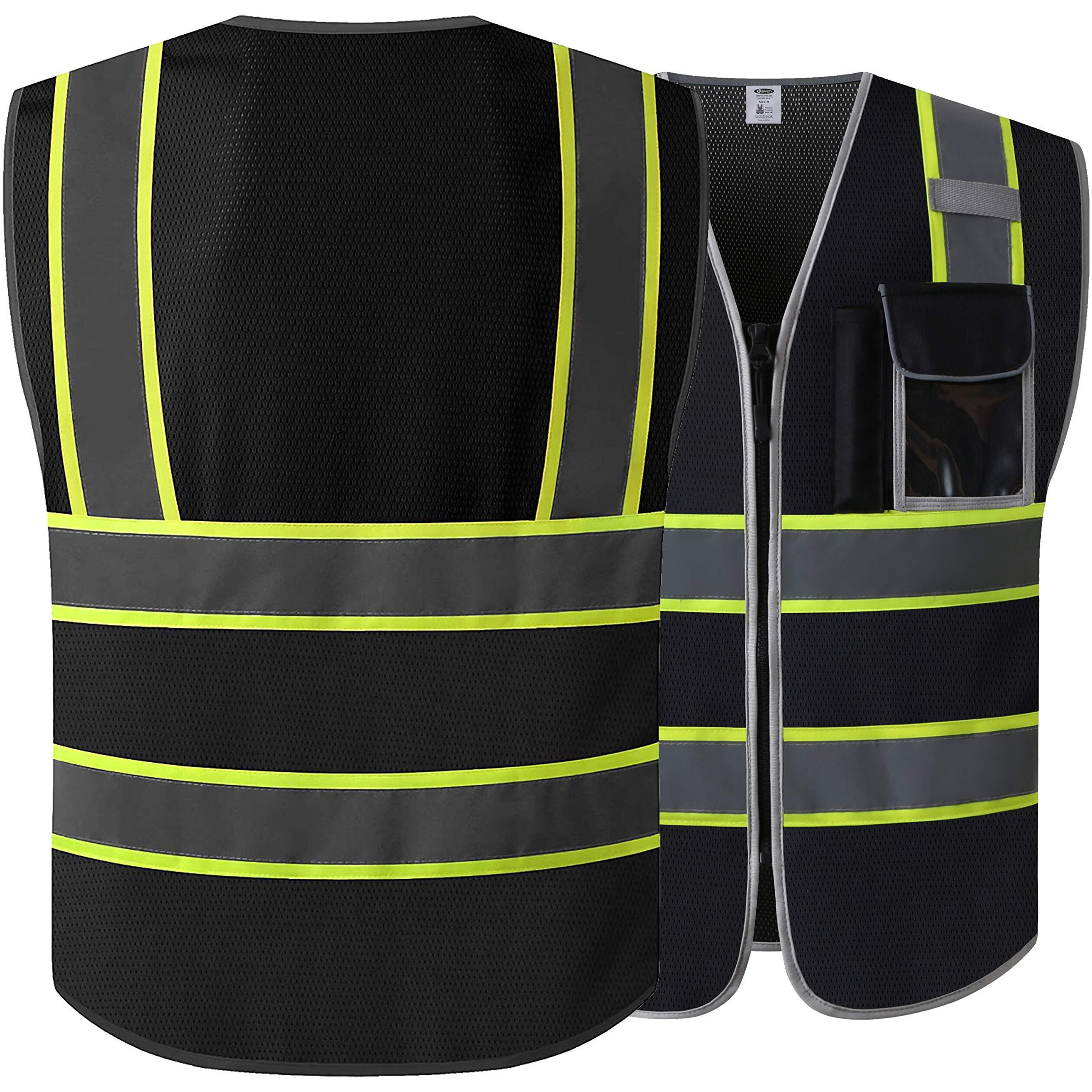 Jksafety 3 Pockets High Visibility Zipper Front Safety Vest Mesh Lite | Black With Dual Tone High Reflective Strips | Meets Ansi/Isea Standards (99-Black  X-Large)