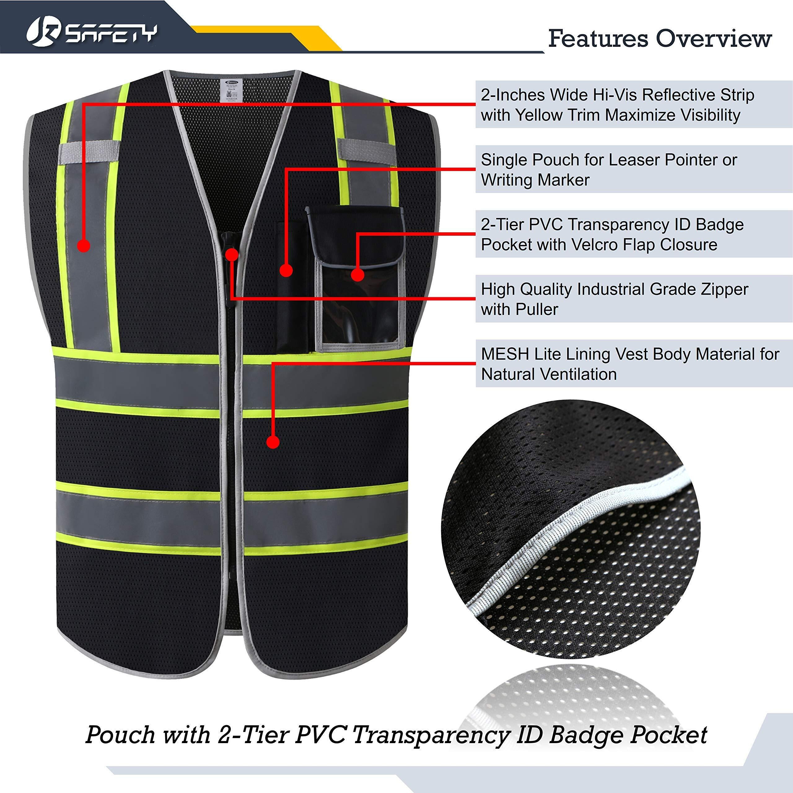 Jksafety 3 Pockets High Visibility Zipper Front Safety Vest Mesh Lite | Black With Dual Tone High Reflective Strips | Meets Ansi/Isea Standards (99-Black  X-Large)