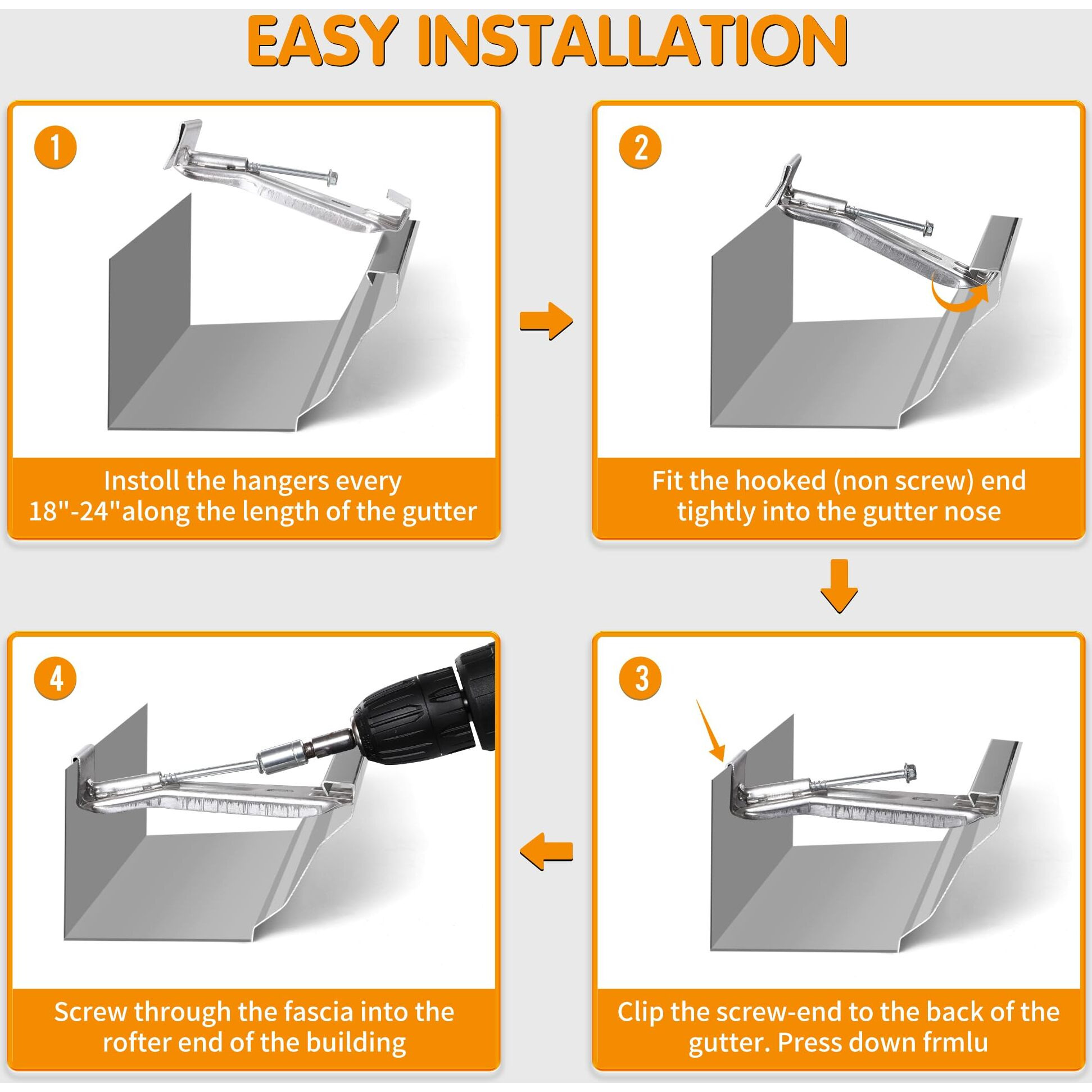 5"" 25 Pack Gutter Hangers  Heavy Duty Hidden Rain Gutter Brackets Fastener With Pre-Inserted Screw  Aluminum Gutter Brackets For Repairing Sagging Rain Gutters