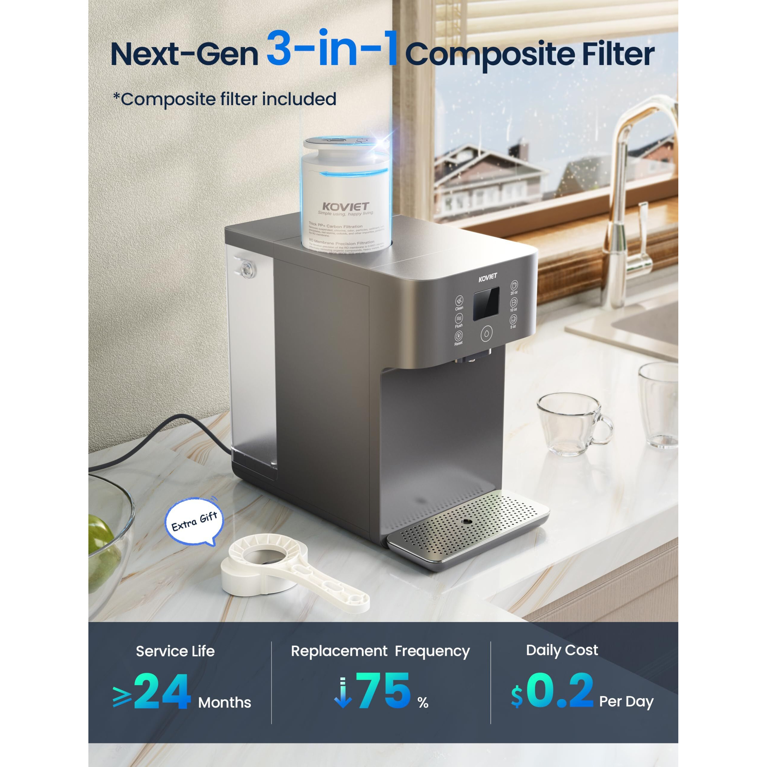 Koviet Cf01 Countertop Reverse Osmosis Water Filter  8 Stage Nano Ro Water Filtration System  Home Water Purifier  41 Pure To Drain Ratio  No Installation Required  Grey