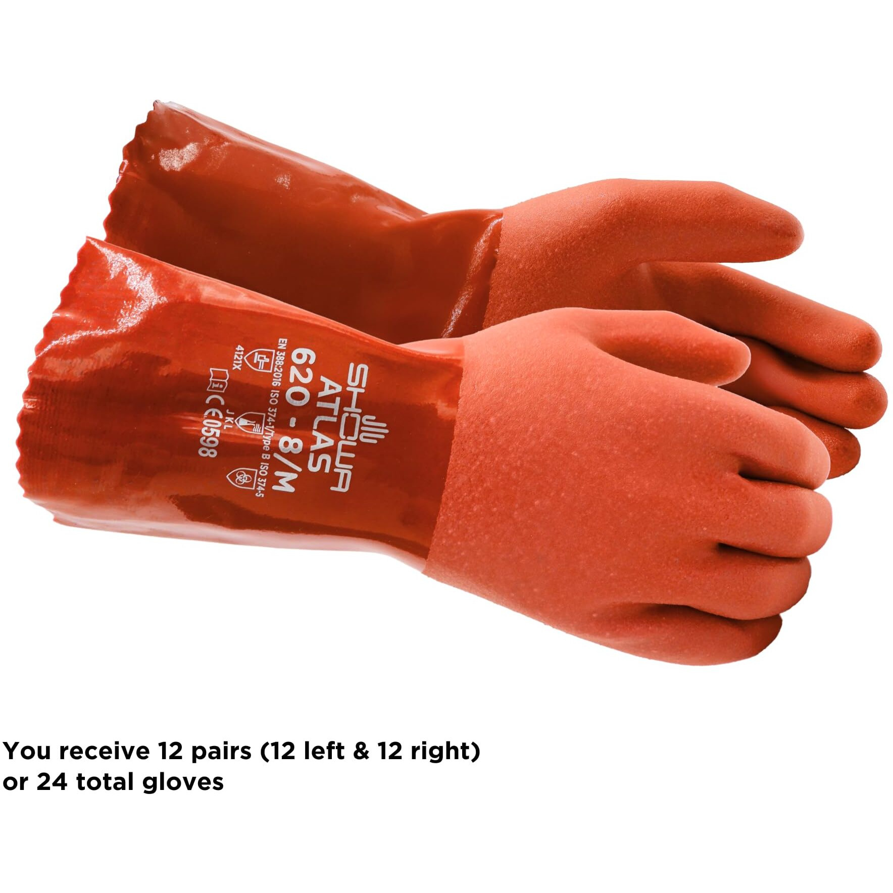 Showa - 620L-09 Atlas 620 Fully Coated Double-Dipped Pvc Glove  Seamless Knitted Liner  Chemical Resistant  12"" Length  Large (Pack Of 12 Pairs) Orange