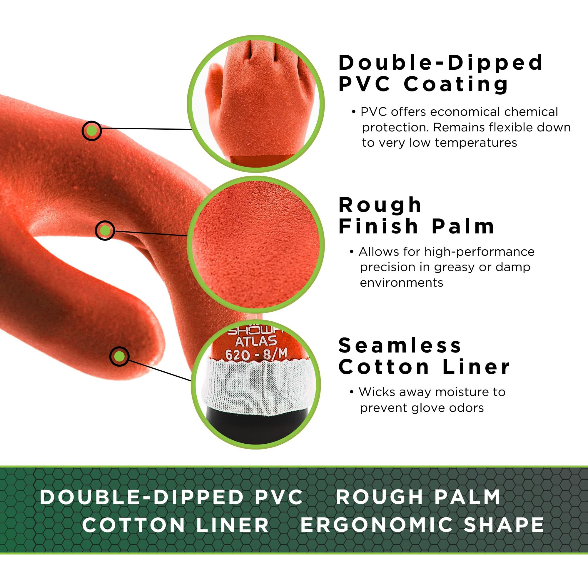 Showa - 620L-09 Atlas 620 Fully Coated Double-Dipped Pvc Glove  Seamless Knitted Liner  Chemical Resistant  12"" Length  Large (Pack Of 12 Pairs) Orange