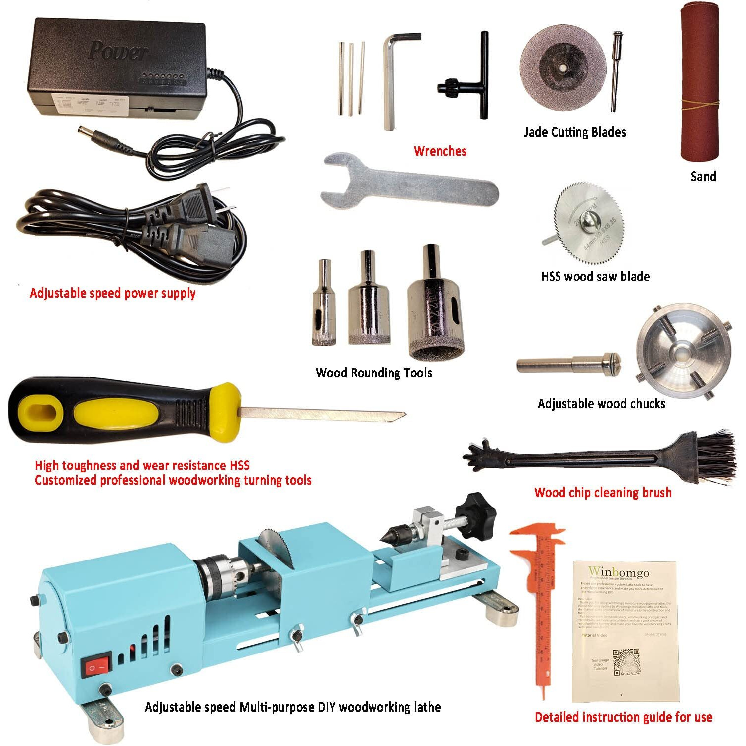 Mini Lathe Wood Lathe Machine Multi-Purpose Type Lathe Milling Cutting Grinding Polishing Professional Table Top Lathe Tool Kit