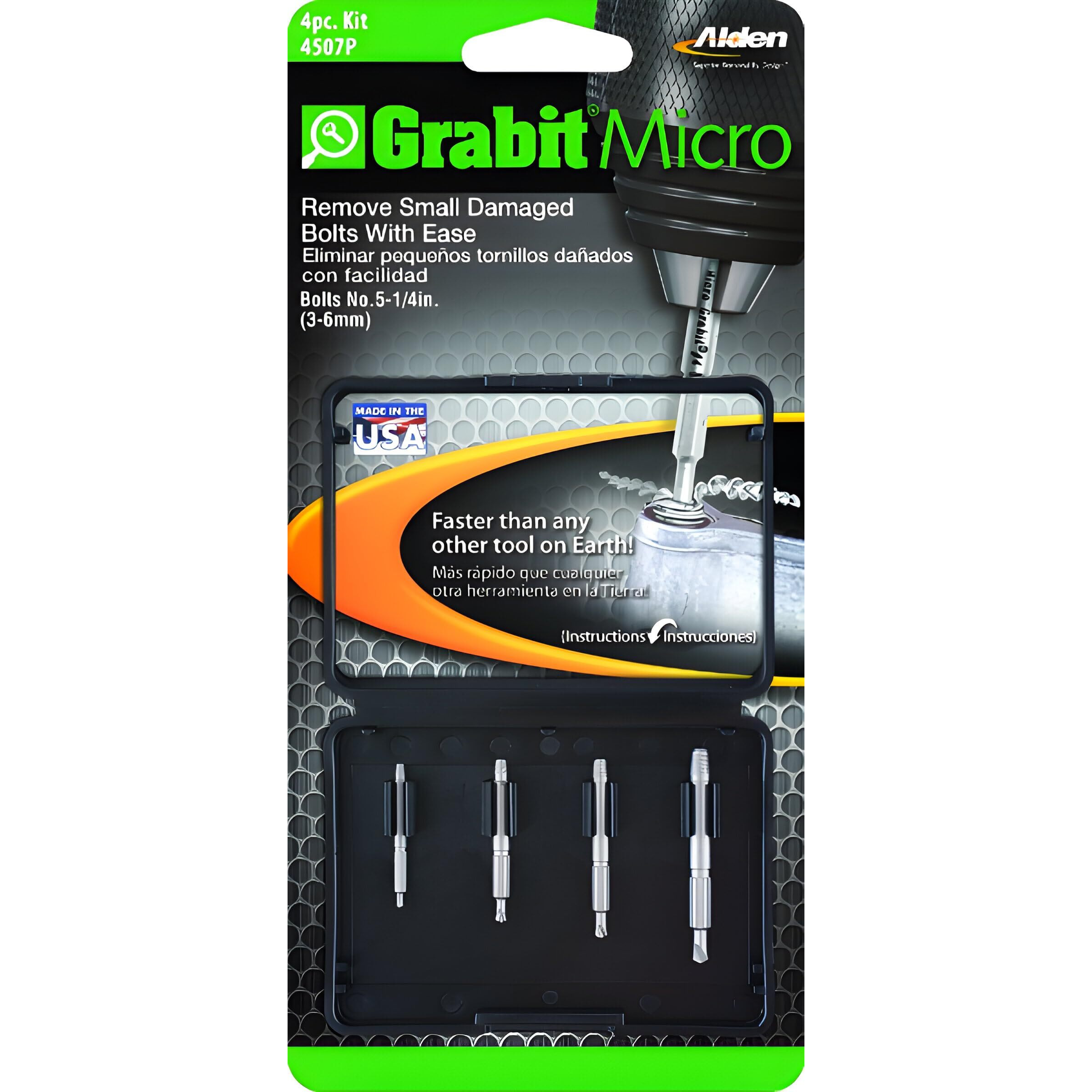 Alden 4507P Grabit Micro Broken Bolt Extractor 4 Piece Kit - Small Bolt And Screw Remover - Ideal For Pc And Mac Repair - Made In The Usa