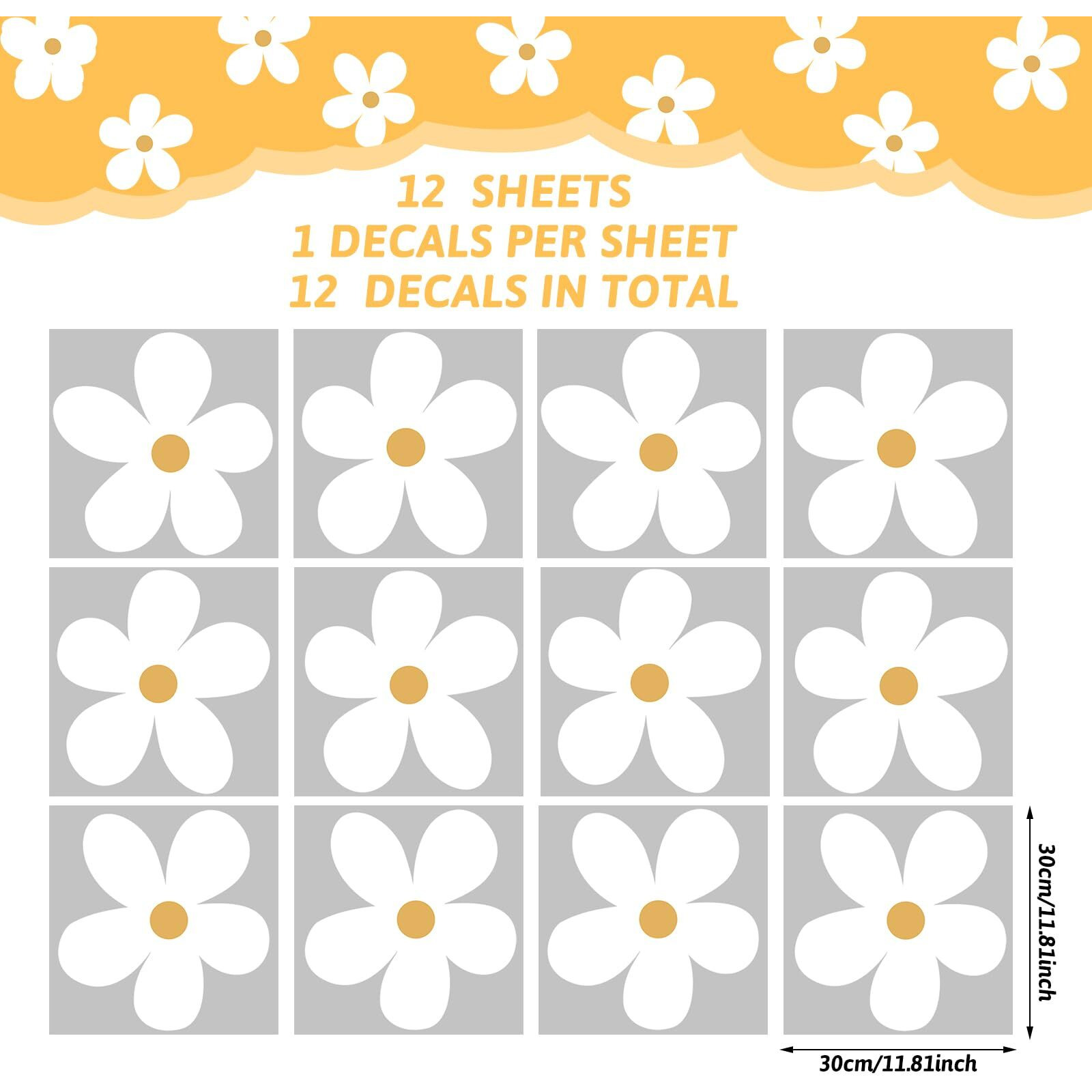 12 Sheets Daisy Wall Decals Flower Wall Stickers Large Daisy Wall Stickers Daisy Decals For Wall Peel And Stick For Nursery Bedroom Living Room Wall Decor(Charming Style)