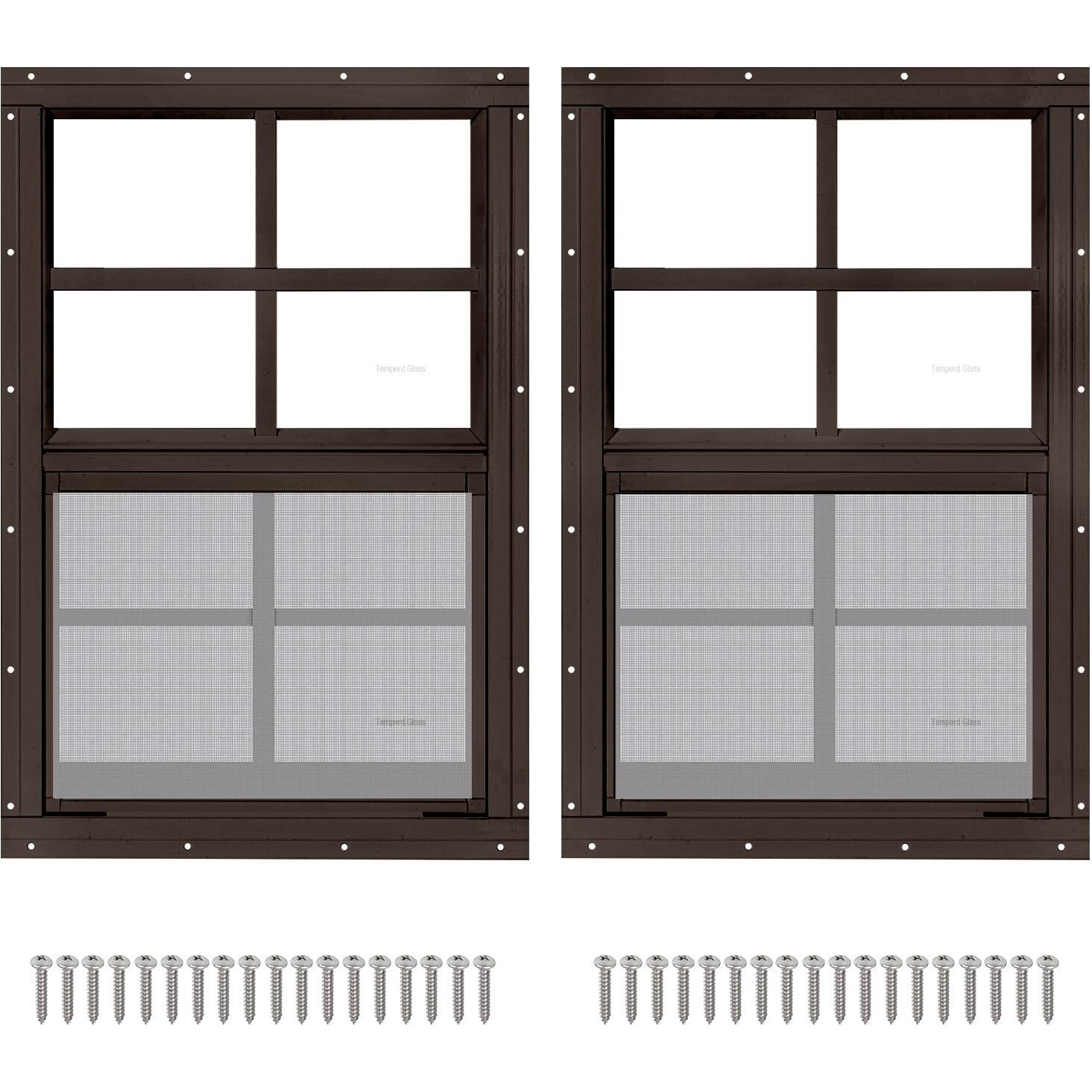 2 Pack 14"" X 21"" Brown Shed Window With Tempered Glass And Fiberglass Screen Household Sliding Windows With Screws For Shed  Chicken Coop  Playhouse  Garage And Barns