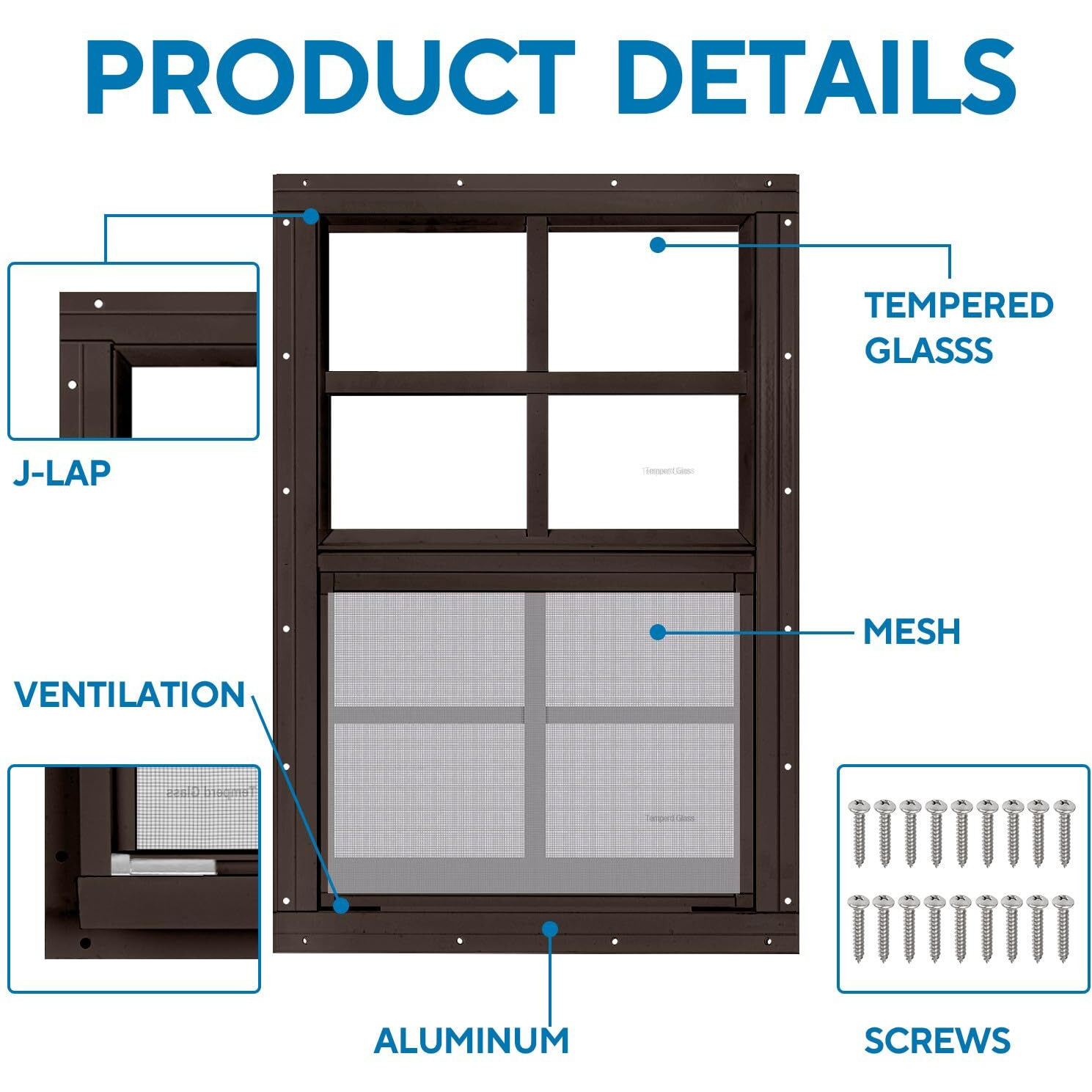 2 Pack 14"" X 21"" Brown Shed Window With Tempered Glass And Fiberglass Screen Household Sliding Windows With Screws For Shed  Chicken Coop  Playhouse  Garage And Barns