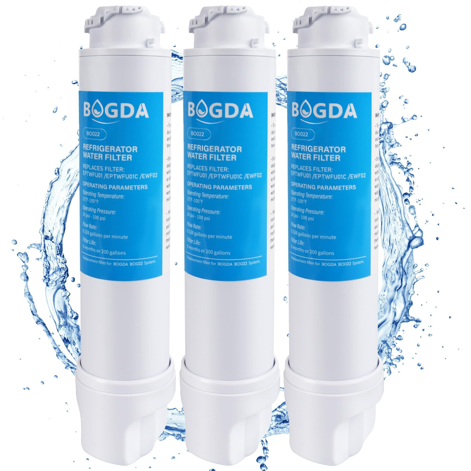 Bogda Water Filter Fit For Eptwfu01 Frigi-Daire Replacement 3 Count  Compatible With Pure-Source Ultra 2  Ewf-02  012505454226  4562222  Multiple Filtration And Drink Clear  White