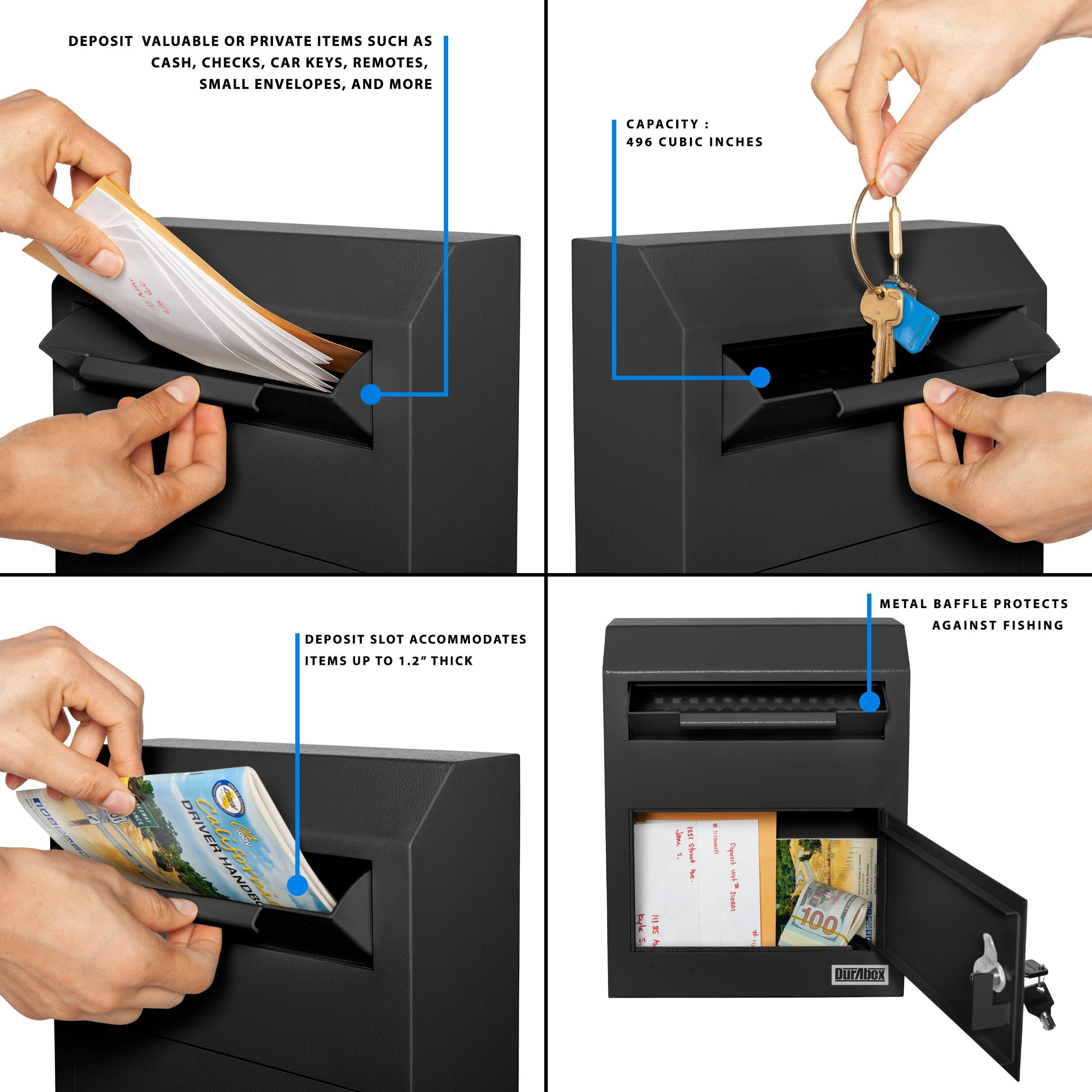 Durabox Wall Mount Locking Drop Box  Heavy Duty Steel Mailbox For Rent Payments  Mail  Keys  Cash  Checks - Safe Storage Dropbox For After Hours Deposits W500 (Black)