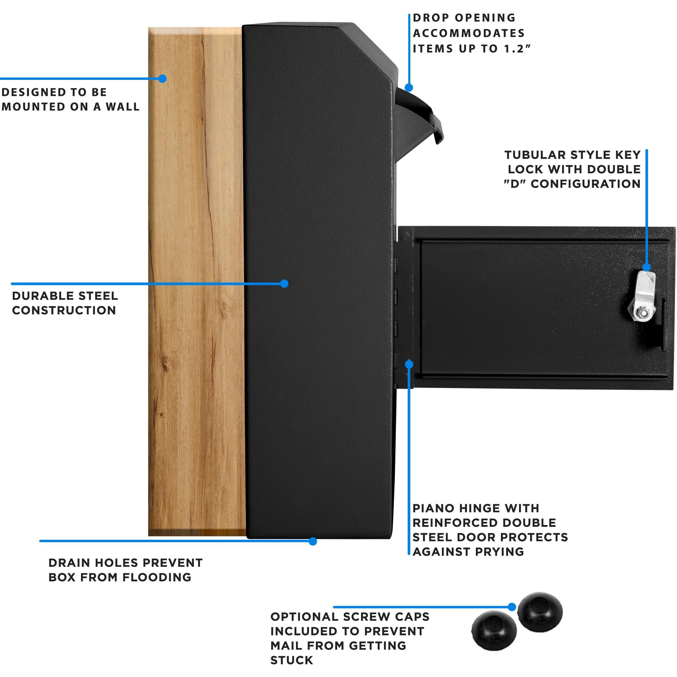 Durabox Wall Mount Locking Drop Box  Heavy Duty Steel Mailbox For Rent Payments  Mail  Keys  Cash  Checks - Safe Storage Dropbox For After Hours Deposits W500 (Black)