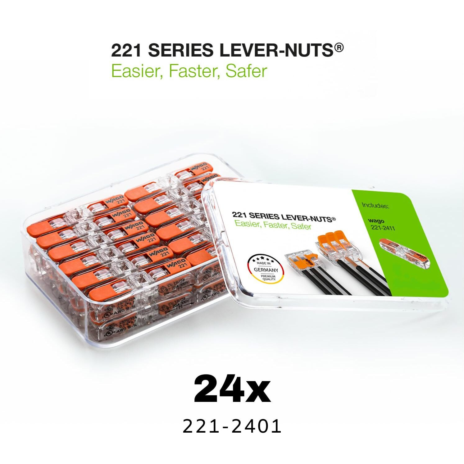 Wago 221-2411 Wire Connectors  Lever Nuts Connector   Electrical Wire Conectors Assortment Pack  Inline Splicing Conector With Case (24 Pcs)