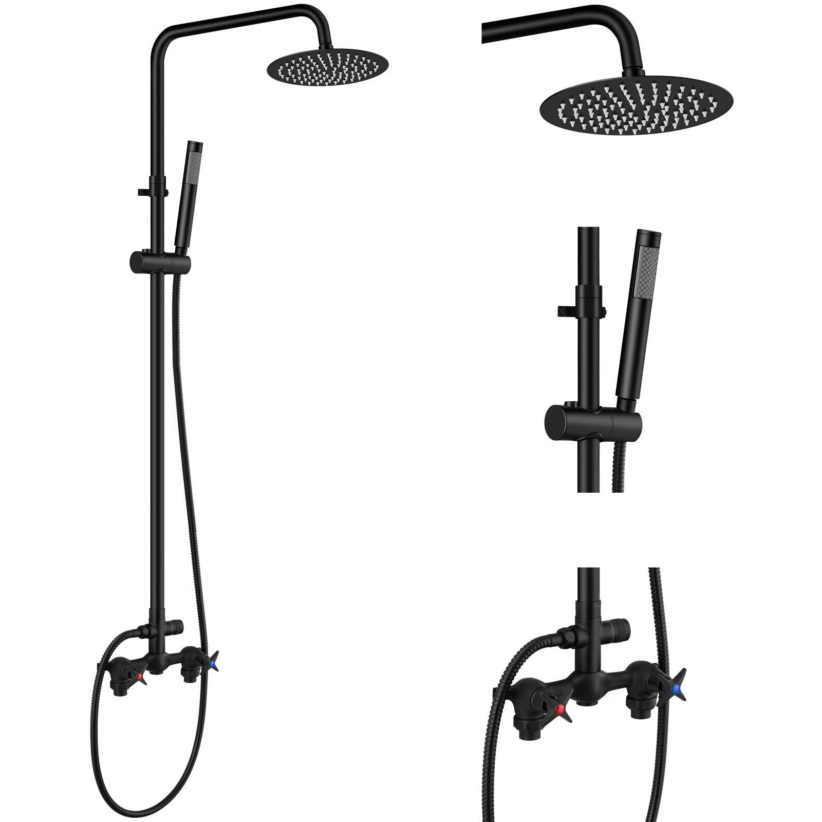Aolemi Outdoor Shower Kit Outdoor Shower Fixtures Faucet System Double Handle 6 Inch Center Exposed Shower With 8 Inch Rainfall Shower Head With Handshower Matte Black