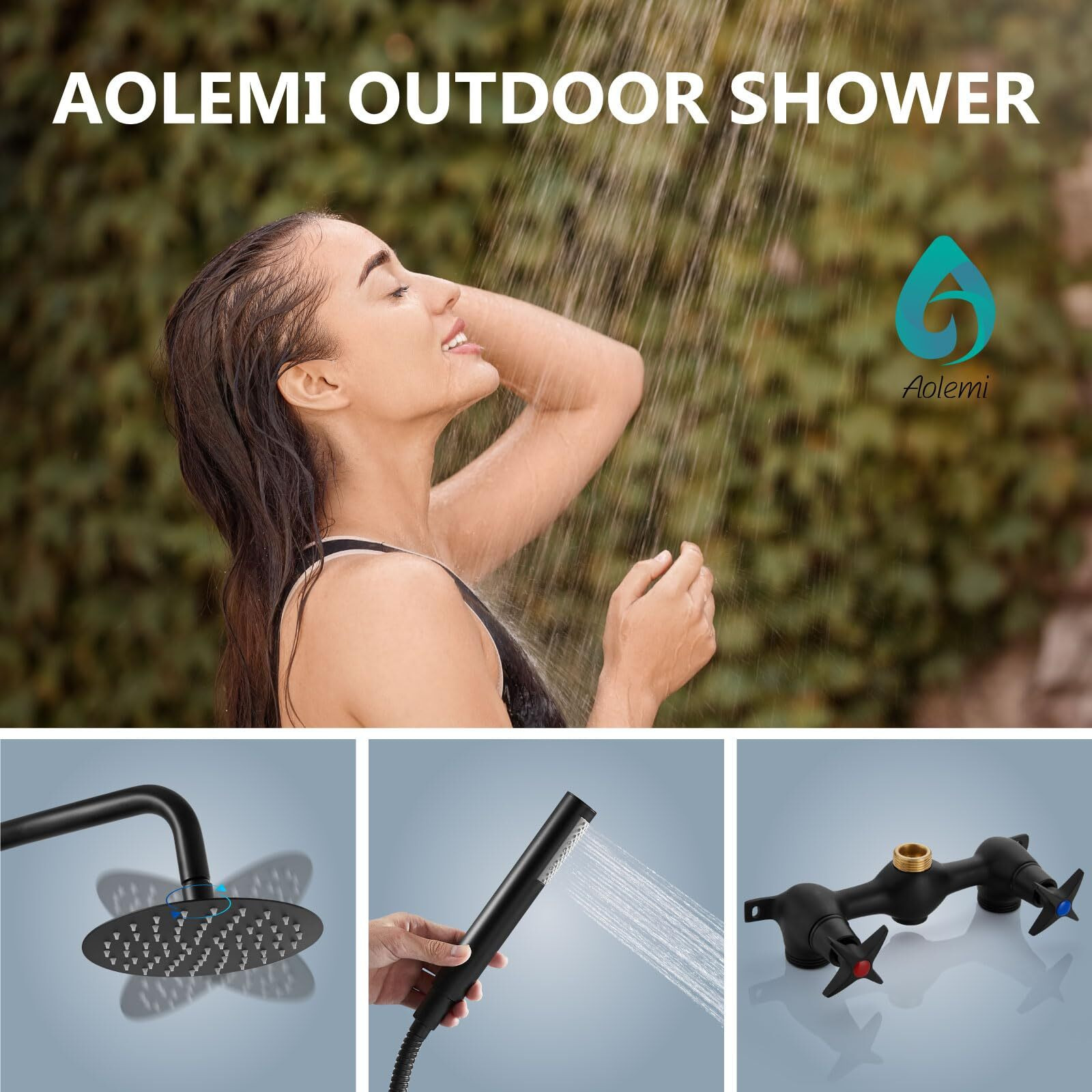 Aolemi Outdoor Shower Kit Outdoor Shower Fixtures Faucet System Double Handle 6 Inch Center Exposed Shower With 8 Inch Rainfall Shower Head With Handshower Matte Black