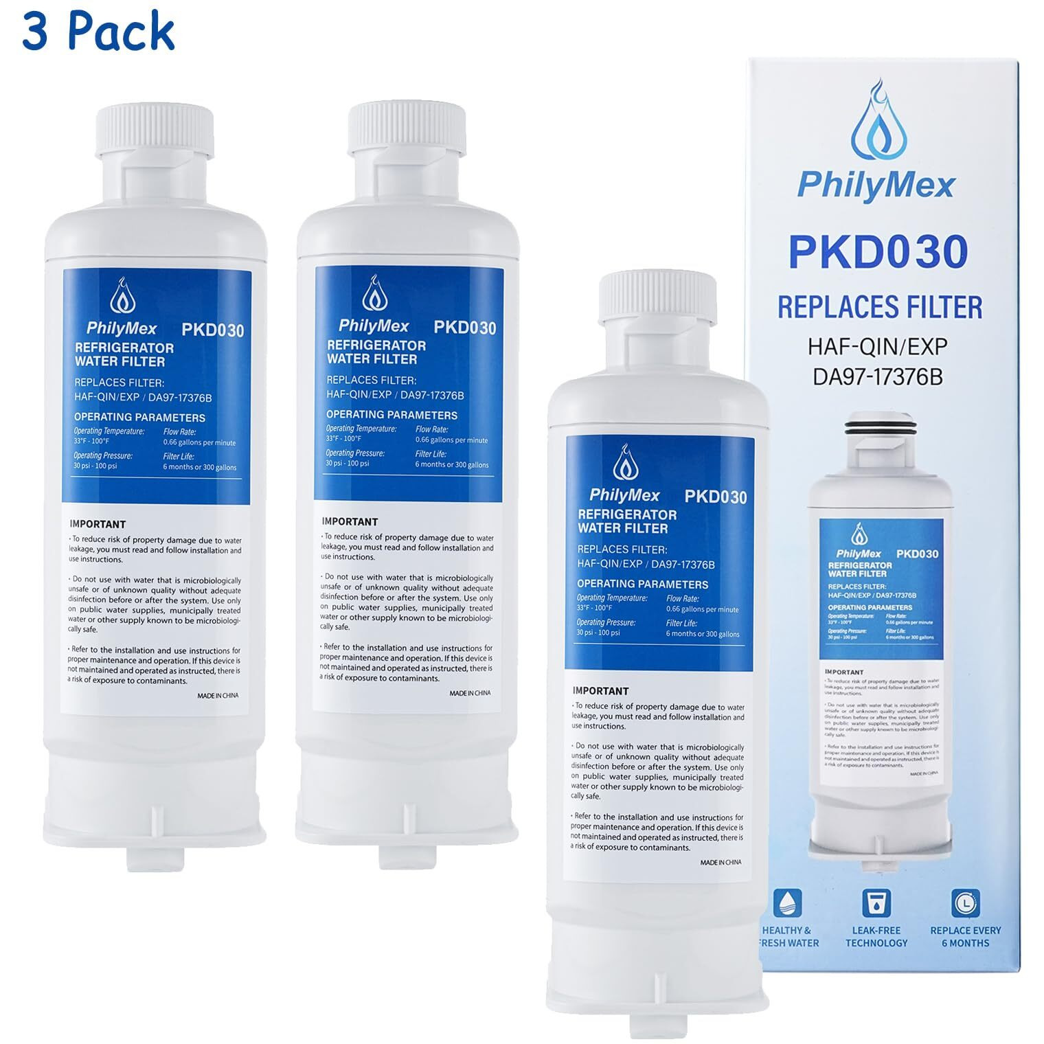 (3 Pack) Da97-17376B Water Filter For Sam&Sung Rf23R6201Sr(/Aa)  Rf27T5241Sr(/Aa)  Rf27T5501Sr(/Aa)  Rf29A9671Sr(/Aa)  Rs27T5200Sg(/Aa)  Rf29A9771Sr(/Aa) Replacement.