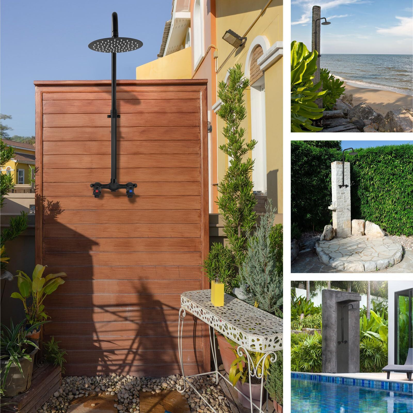 Aolemi Outdoor Shower Kit Outdoor Shower Fixtures Faucet System Double Handle 6 Inch Center Exposed Shower With 8 Inch Rainfall Shower Head Without Handshower Matte Black