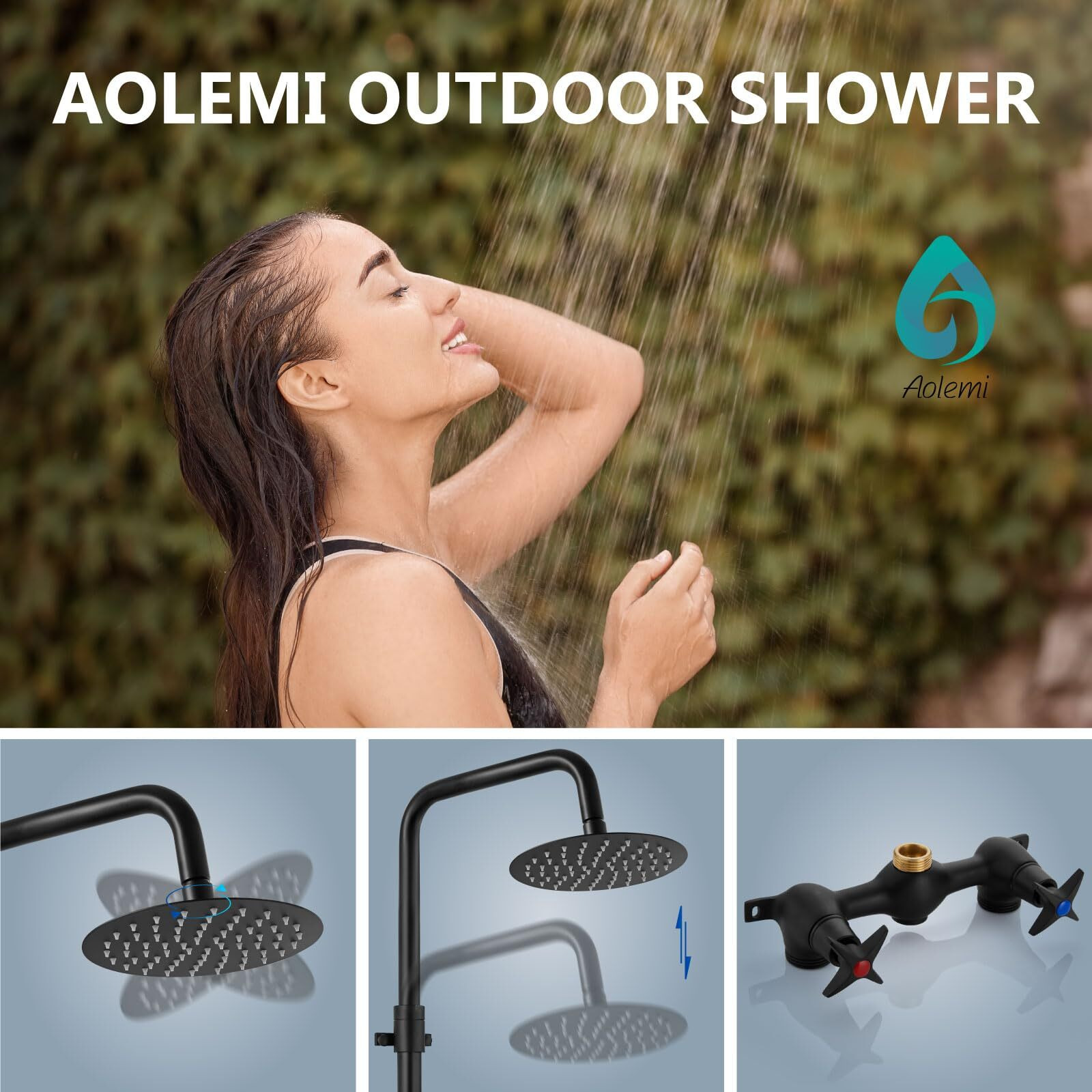 Aolemi Outdoor Shower Kit Outdoor Shower Fixtures Faucet System Double Handle 6 Inch Center Exposed Shower With 8 Inch Rainfall Shower Head Without Handshower Matte Black