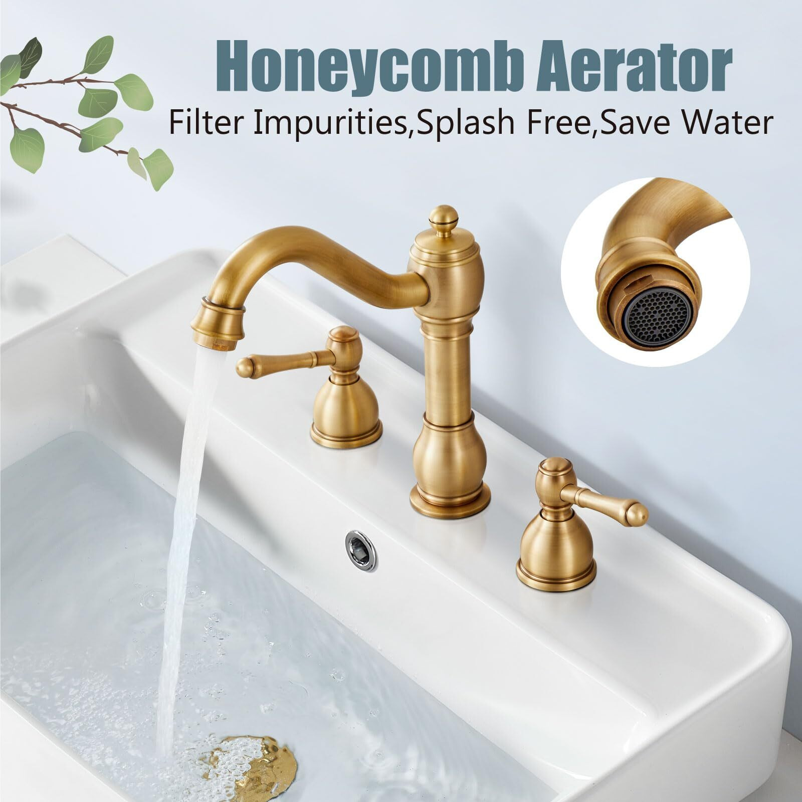 Aolemi Antique Brass 8 Inch Widespread Bathroom Sink Faucet Double Lever Handle 3 Hole Deck Mount Vanity Basin Mixer Tap With Pop Up Drain Assembly