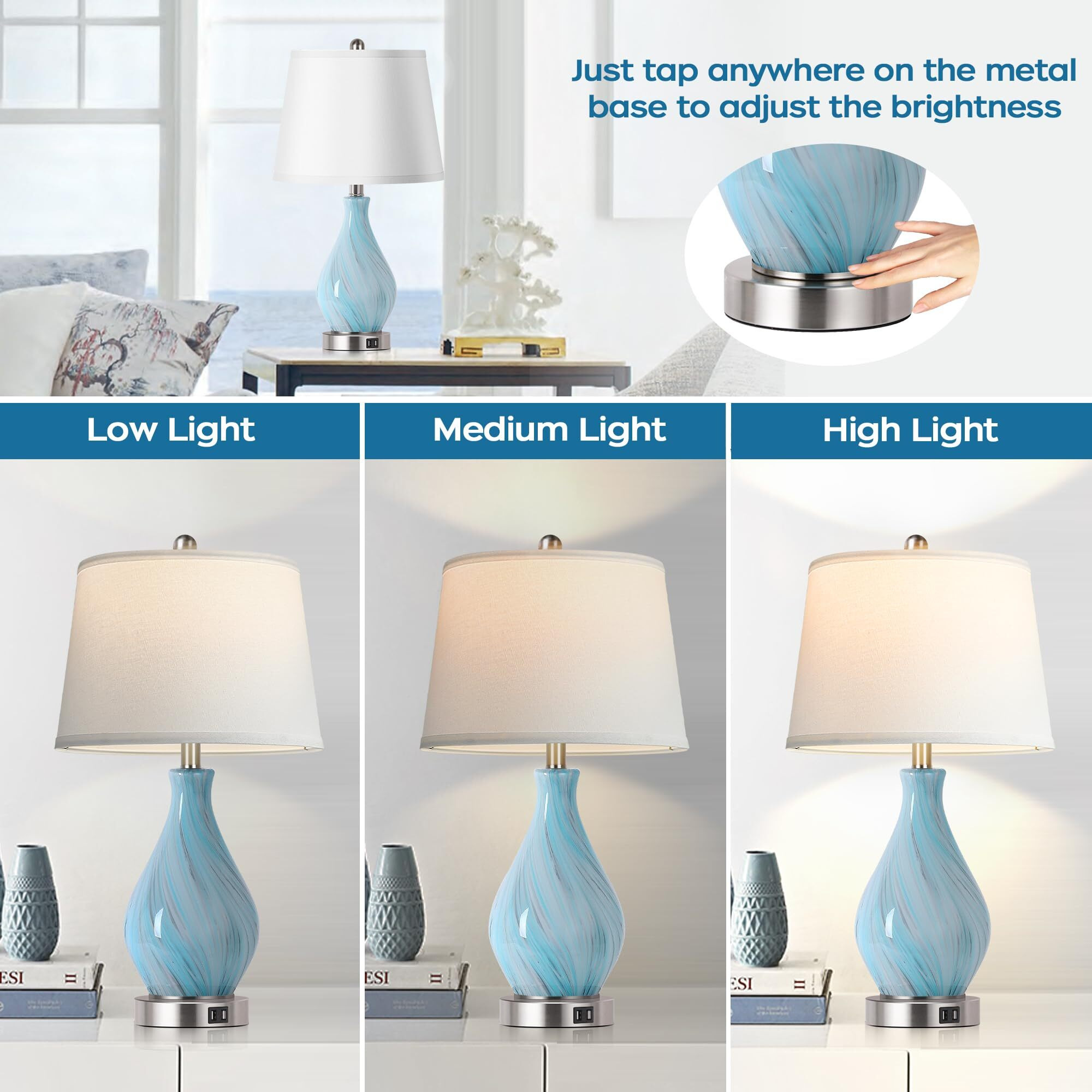 Modern Accent Table Lamp Set Of 2 Touch Control  22"" Faded Swirl Blue Gray Art Glass Bedside Lamp With Usb Ports  3-Way Dimmable Hand Crafted Nightstand Lamps White Drum Shade For Living Room Bedroom