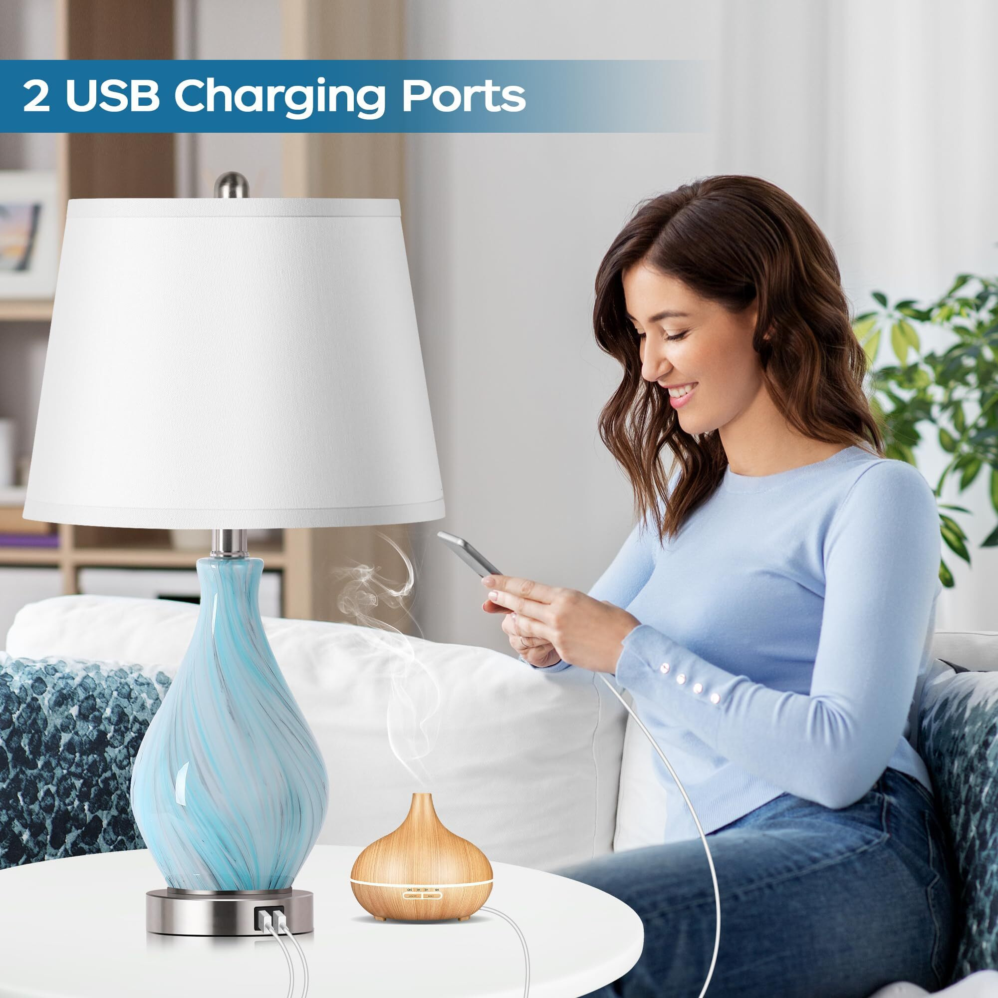Modern Accent Table Lamp Set Of 2 Touch Control  22"" Faded Swirl Blue Gray Art Glass Bedside Lamp With Usb Ports  3-Way Dimmable Hand Crafted Nightstand Lamps White Drum Shade For Living Room Bedroom