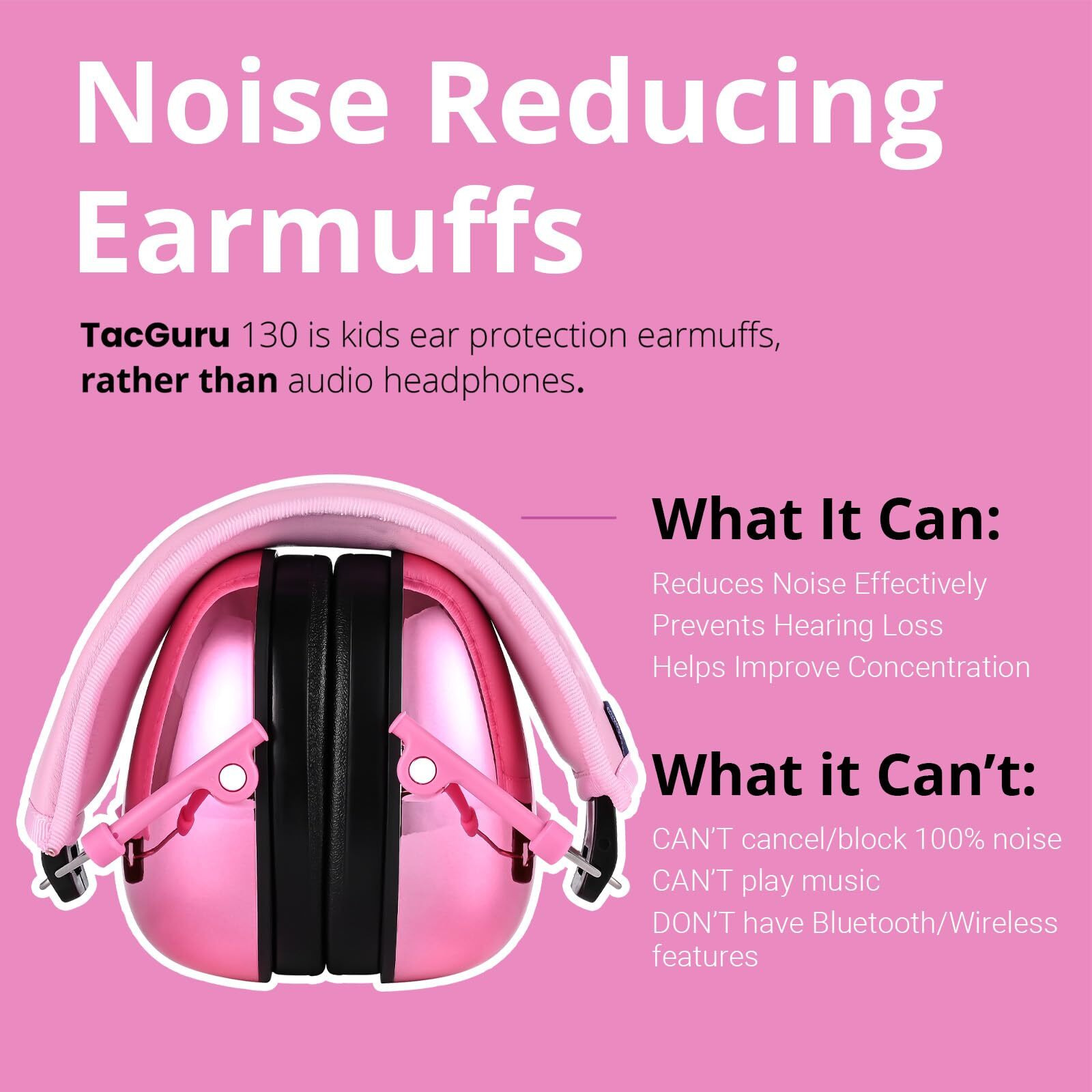 Tacguru 130 Gemstones Edition - Kids Hearing Protection Safety Earmuffs - Passive Noise Reducing Ear Protection For Kids - Spinel Pink