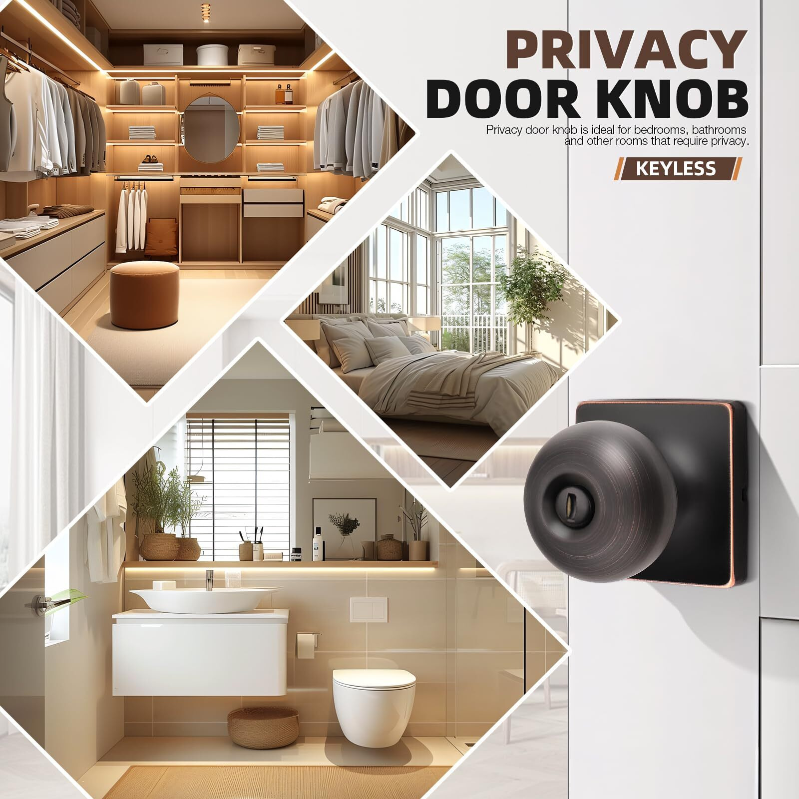 Gobekor 5 Pack Oil Rubbed Bronze Privacy Door Knobs Stainless Steel Keyless Interior Door Knob With Lock Bedroom Bathroom Round Door Knob