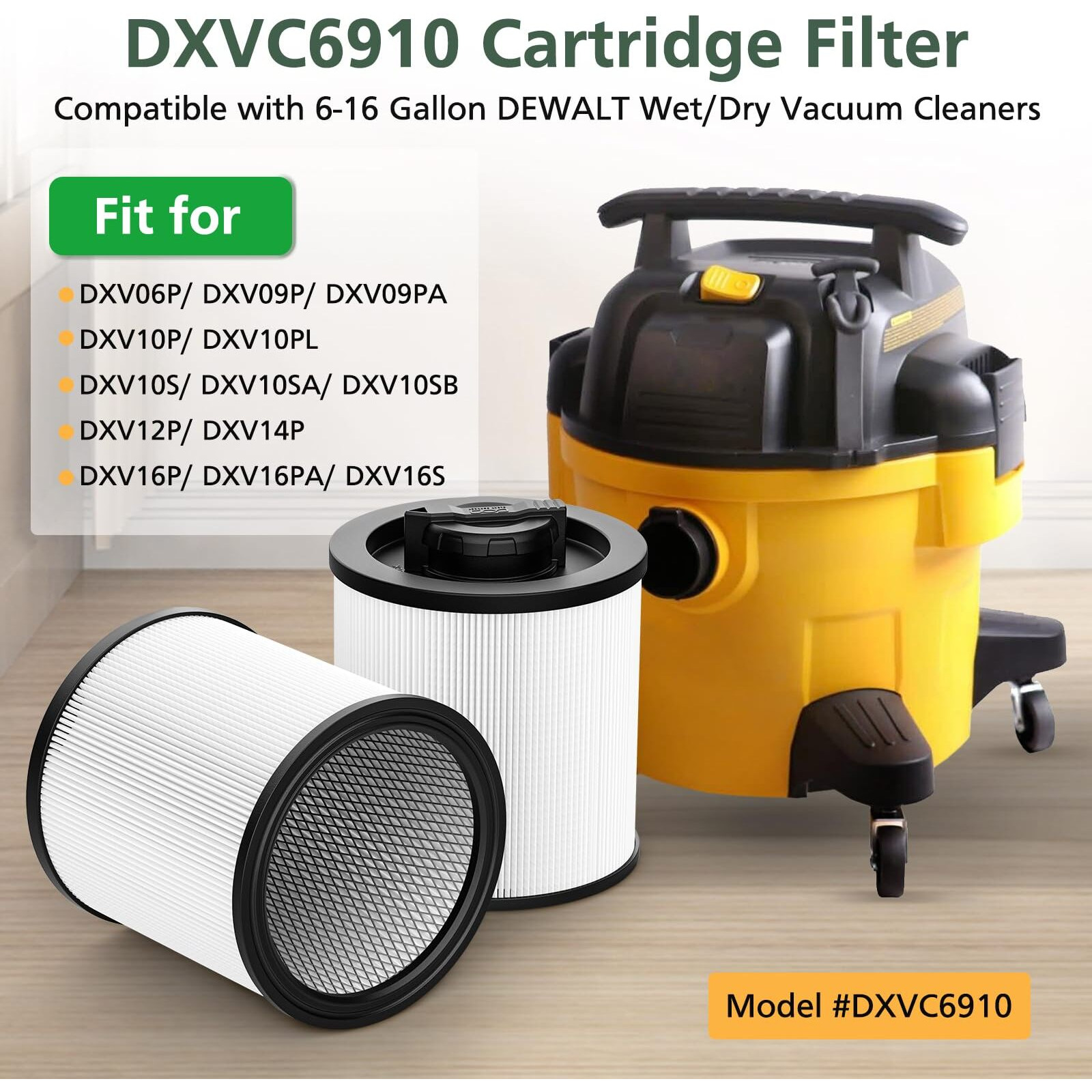 2 Pack Dxvc6910 Cartridge Filter Replacement For Dewalt 6-16 Gallon Wet/Dry Vac  Compatible With Dewalt Dxv06P Dxv09P Dxv10P Dxv10Pl Dxv10Sa Dxv12P Dxv14P Dxv16P  White