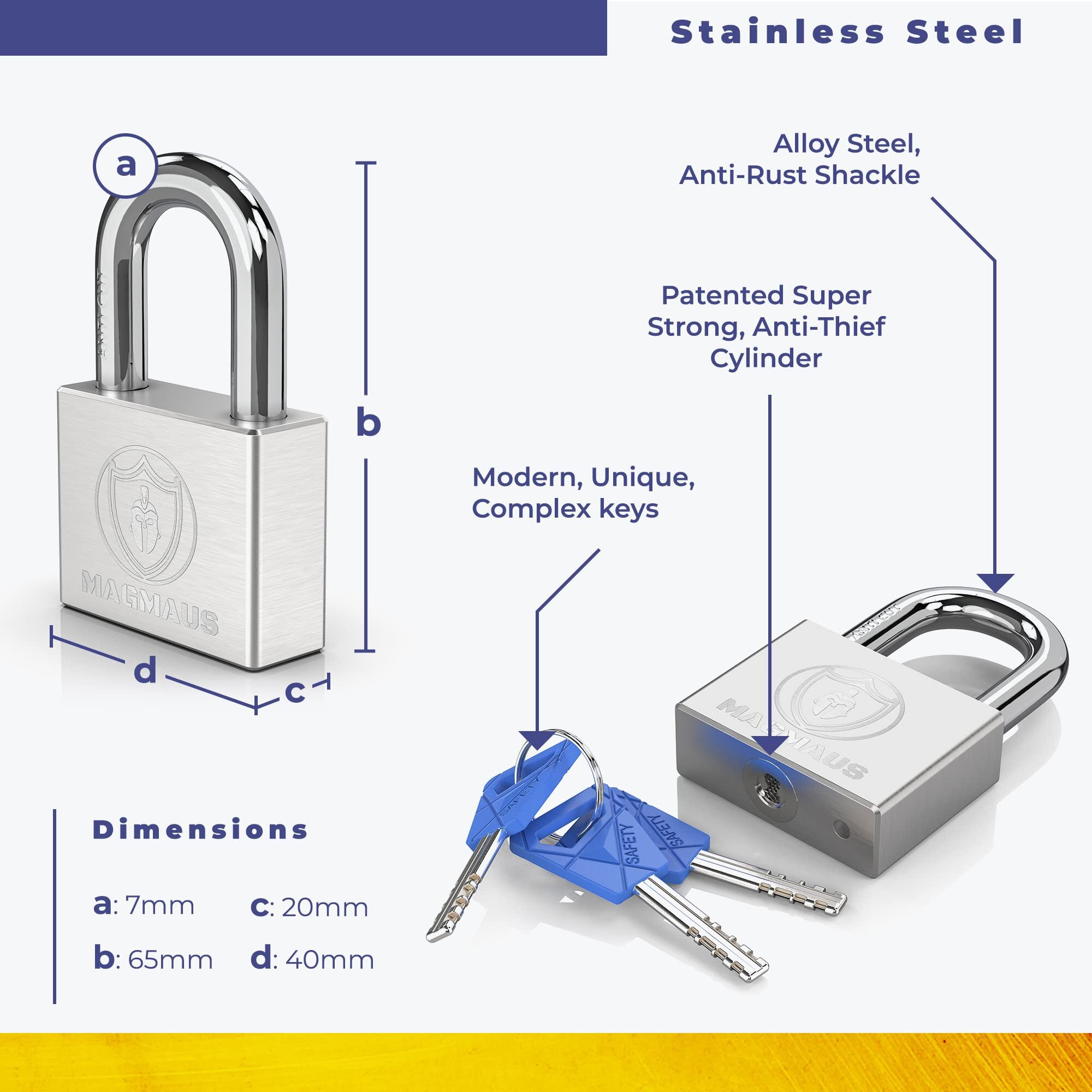 Magmaus Pdl/40 Heavy Duty Lock With 3 Keys - [Stainless Steel] Weatherproof Padlock For Outdoor Use - Ideal For Storage Unit  Shipping Container  Gate