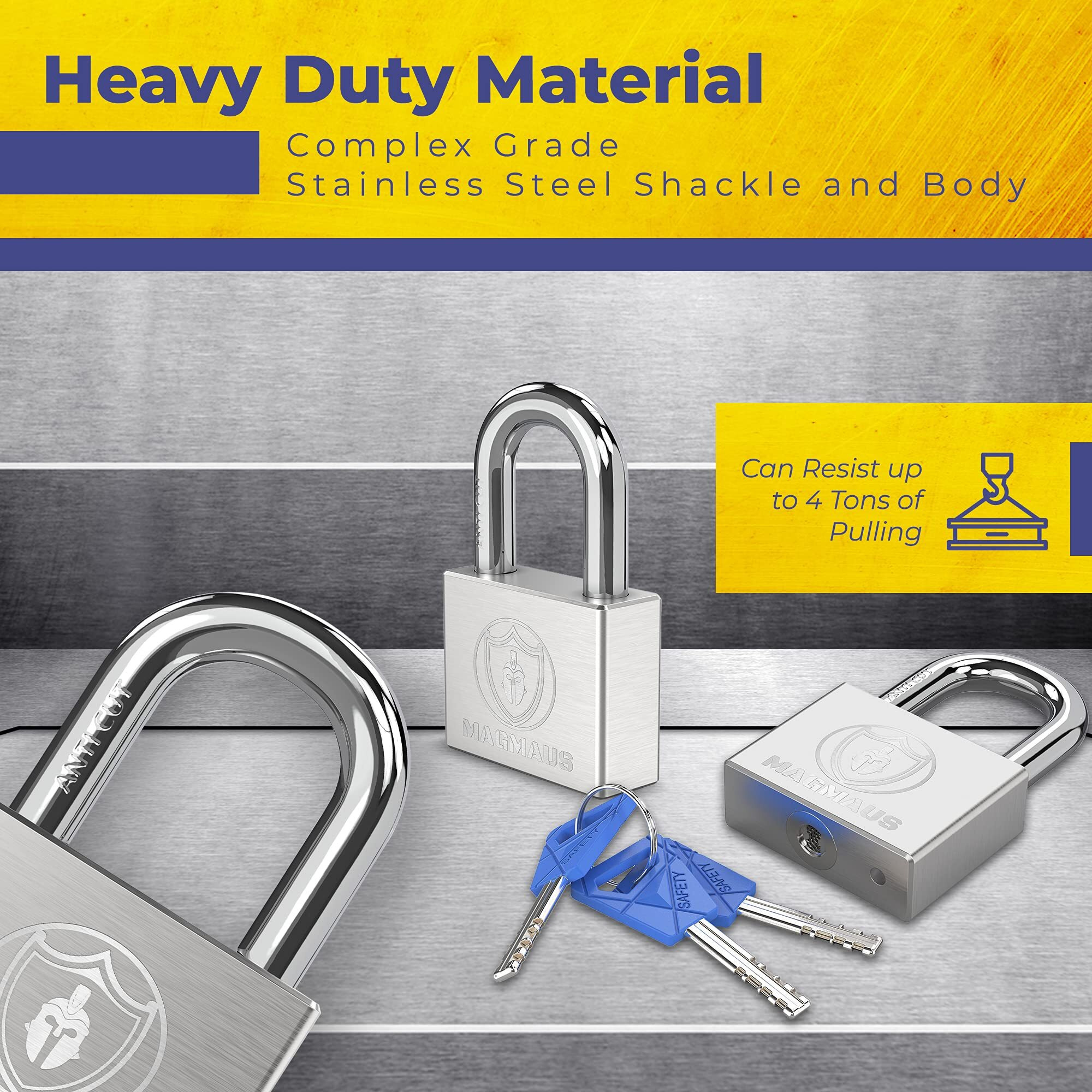 Magmaus Pdl/40 Heavy Duty Lock With 3 Keys - [Stainless Steel] Weatherproof Padlock For Outdoor Use - Ideal For Storage Unit  Shipping Container  Gate
